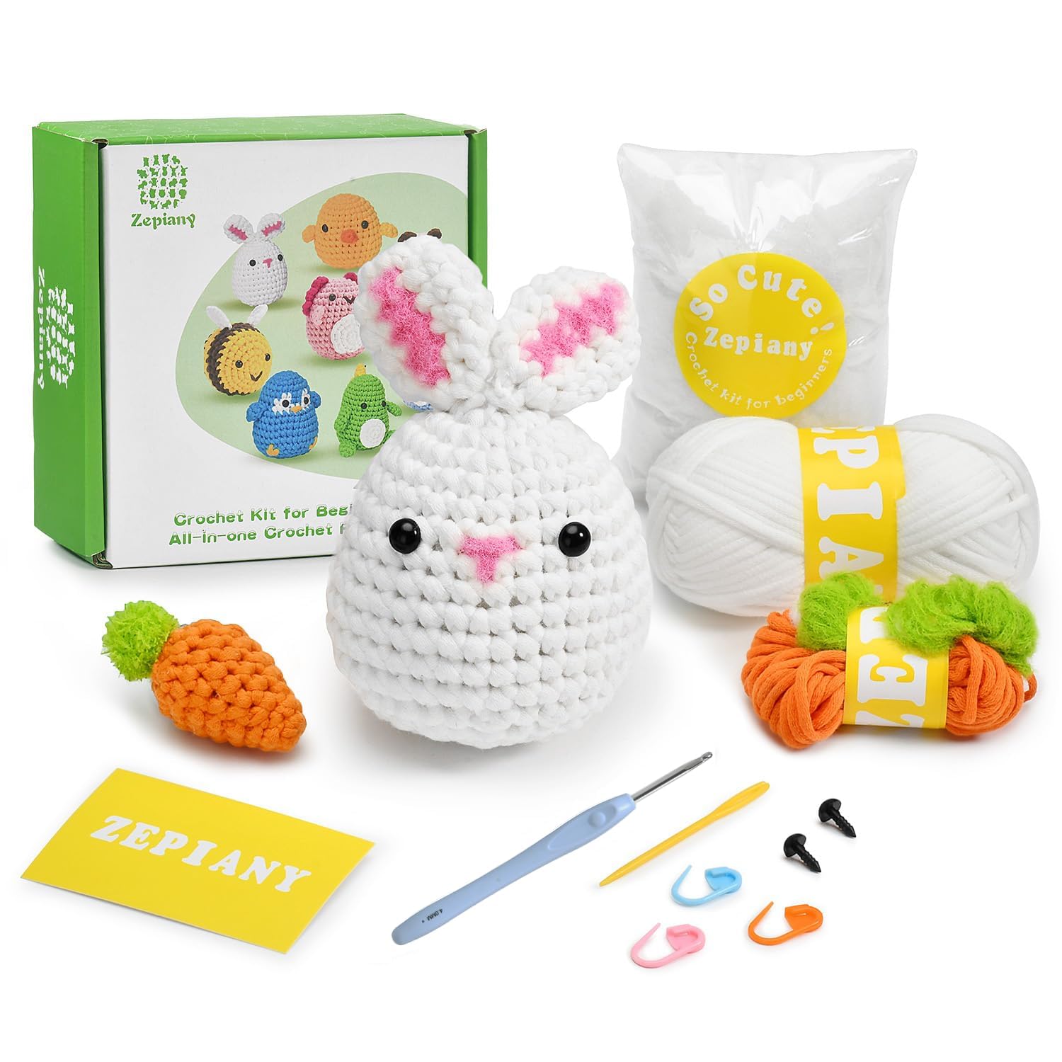 Zepiany Beginners Crochet Kit, Crochet Animal Kit, Crochet Kits for Beginners Adults, All in One Crochet Knitting Kit, Step-by-Step Instructions Video, Crochet Starter Kit (Rabbit&Carrot)