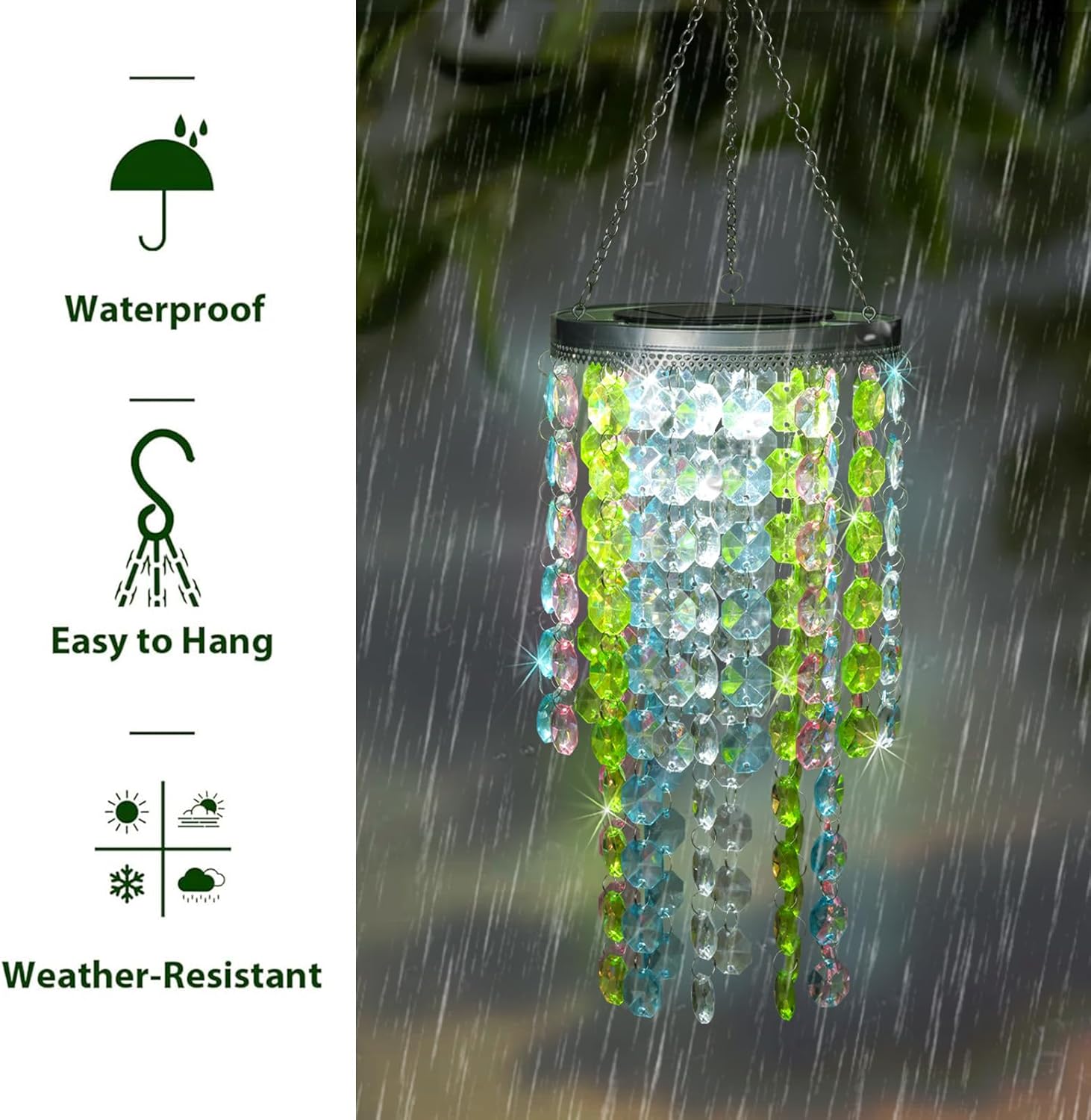 Hanging Solar Lantern Outdoor, 2 Tiers 21” Solar Multicolor Acrylic Beaded Chandelier with Cool White LED S Hooks for Garden Yard Patio Gazebo Outside Decor - Image 5