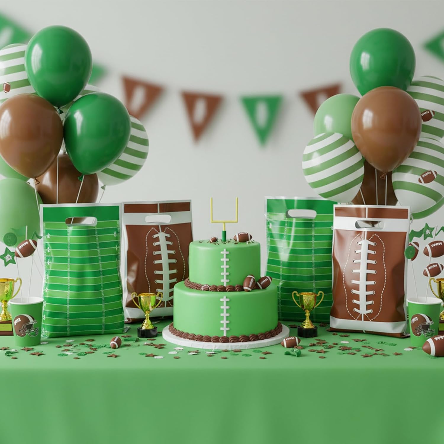 Tyqour 60 PCS Football Gift Bags Football Goodie Bags Brown Green Handle Football Party Bags Football Theme Sports Birthday Party Favors Supplies for Candy Snack Cookie Treat Gift - Image 7