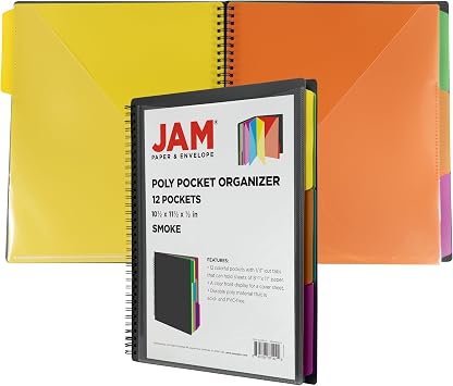 JAM PAPER Plastic Multi Pocket Folder - 12 Pocket Organizer with Zipper Pouch - Smoke Grey with Colorful Tabs - 10 1/2 x 11 1/2 - Sold Individually