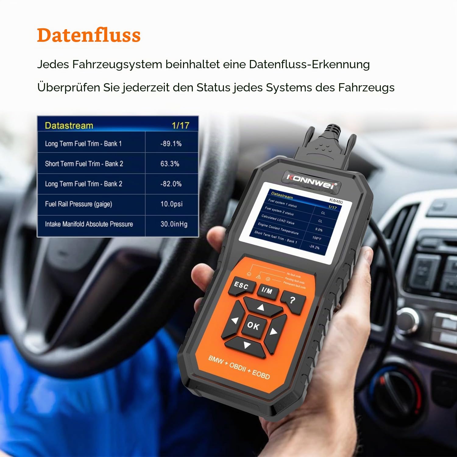 KONNWEI KW480 OBD2 Diagnosegerät für Auto, Fehlerauslesegerät mit Echtzeitdaten & Vollständigen OBDII-Funktionen,OBD KFZ Diagnose für BMW und Alle Fahrzeuge ab 2002,Unterstützt OBD2/EOBD