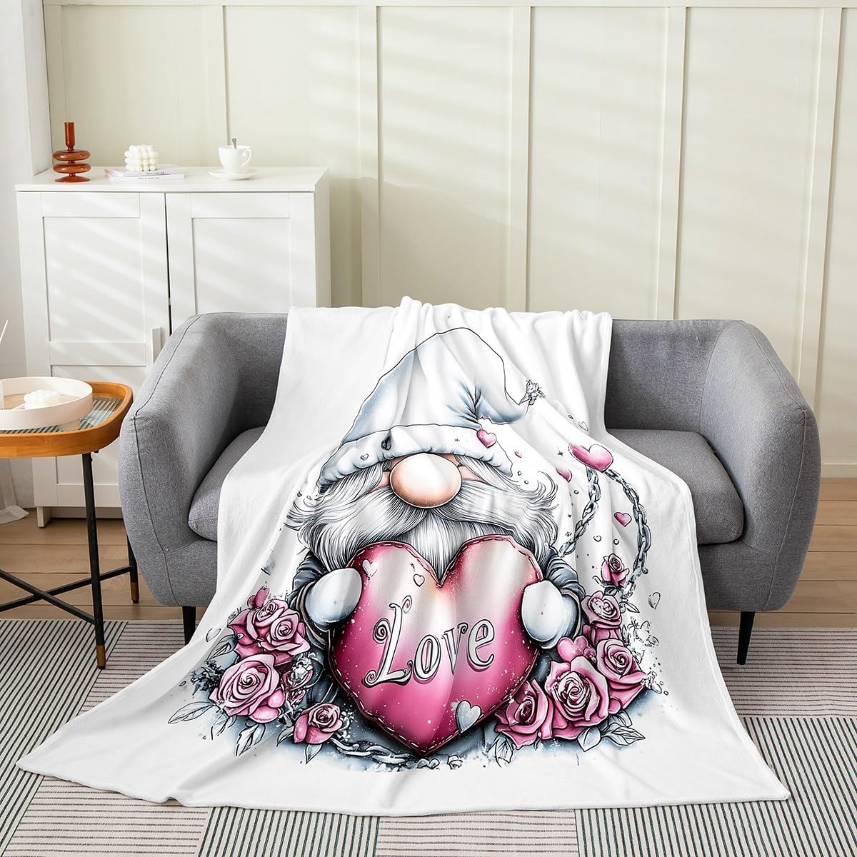 Erosebridal Gnome Fleece Throw Blanket Queen Inch Floral Dwarf Flannel Blanket for Boys Girls Heartn Flowers Rose Love Valentine Pink Grey Lightweight Microfiber Room Decor