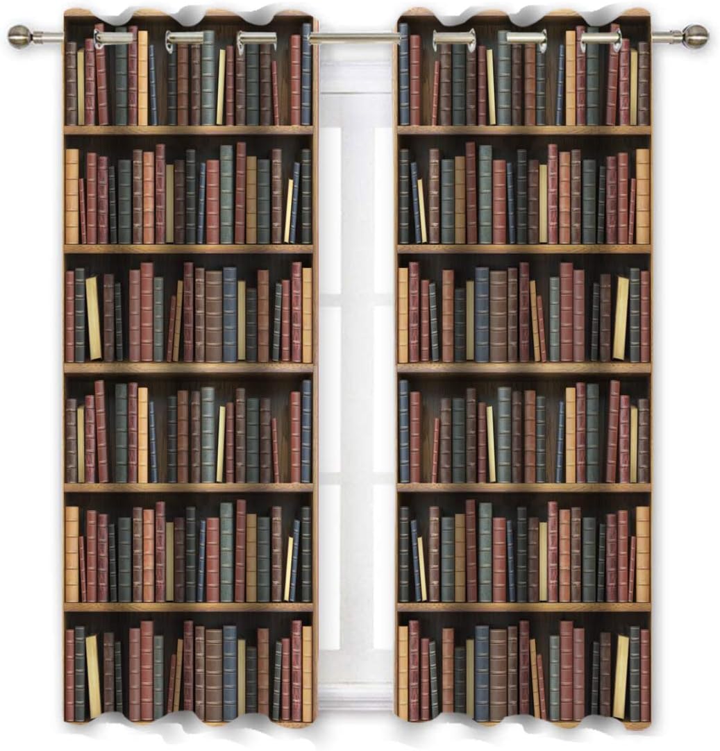 QH Vintage Bookshelf Window Curtain Panels - Blackout Curtains Thermal Insulated & Light Blocking 42W x 84L inch (Set of 2)