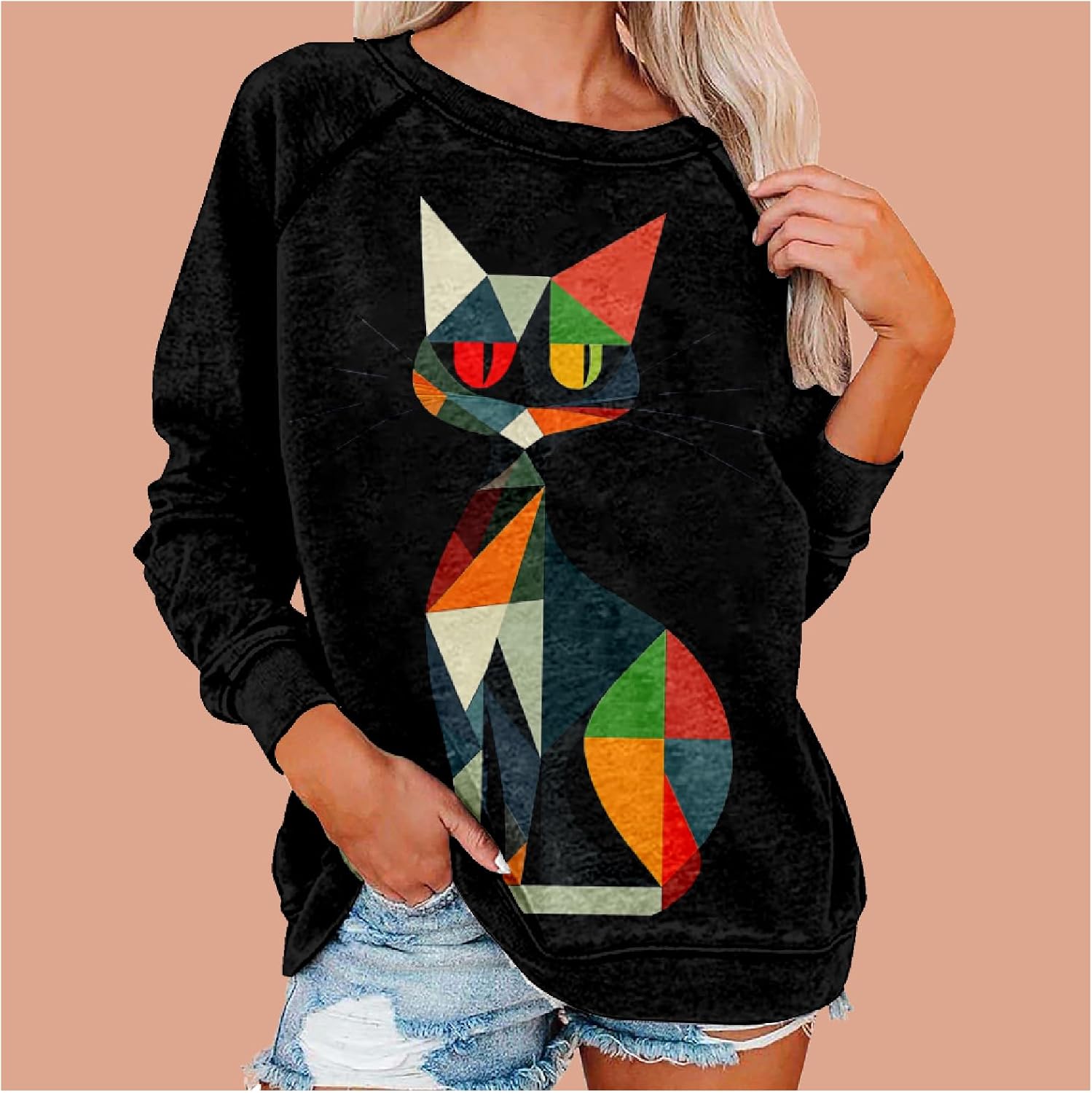 Bengbobar Women's Cartoon Graphic Sweatshirt Cat 3D Printed Round Neck Long Sleeve Oversized Pullover Black Cat Women Top