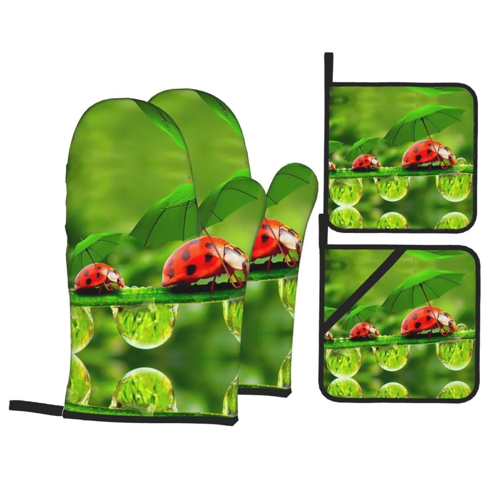 Funny Ladybug Holding Umbrellas Oven Mitt and Pot Holder 4-Piece Set for Kitchen, Outdoor Grill, Baking