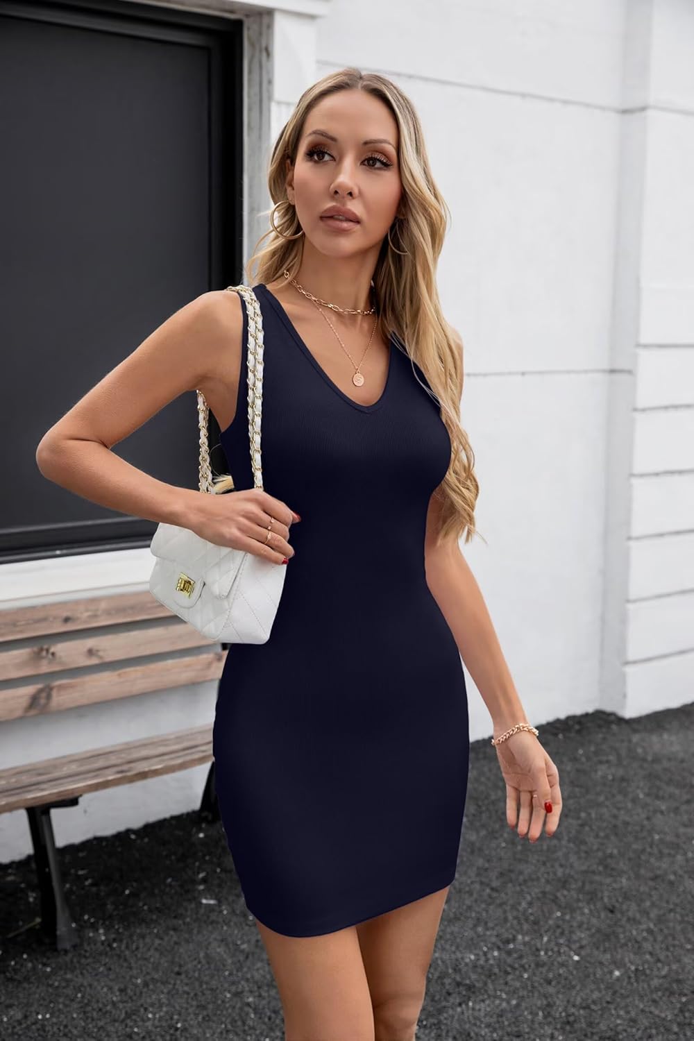 Valiamcep Womens V Neck Summer Sleeveless Sundress Casual Ribbed Knit Tank Dress Sexy Bodycon Mini Dress - Image 6