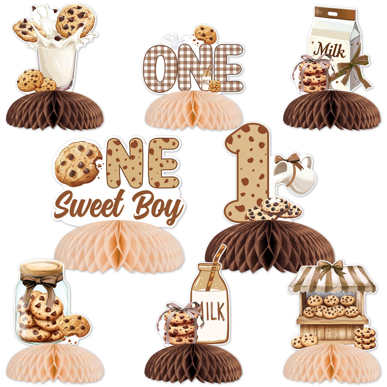Funmemoir Milk and Cookies 1st Birthday Party Decorations - 8pcs One Sweet Boy Honeycomb Centerpieces, Doubles-Sided Printed Table Decorations for