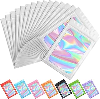 Funfery 100 pcs Green Mylar Holographic Bags Packaging Bags,Clear Sealing Zipper Bag Resealable Smell Proof,Foil Pouch Bag for Food Storage,Gloss,Jewelry Packaging for Small Business(4.3x7.5Inch)