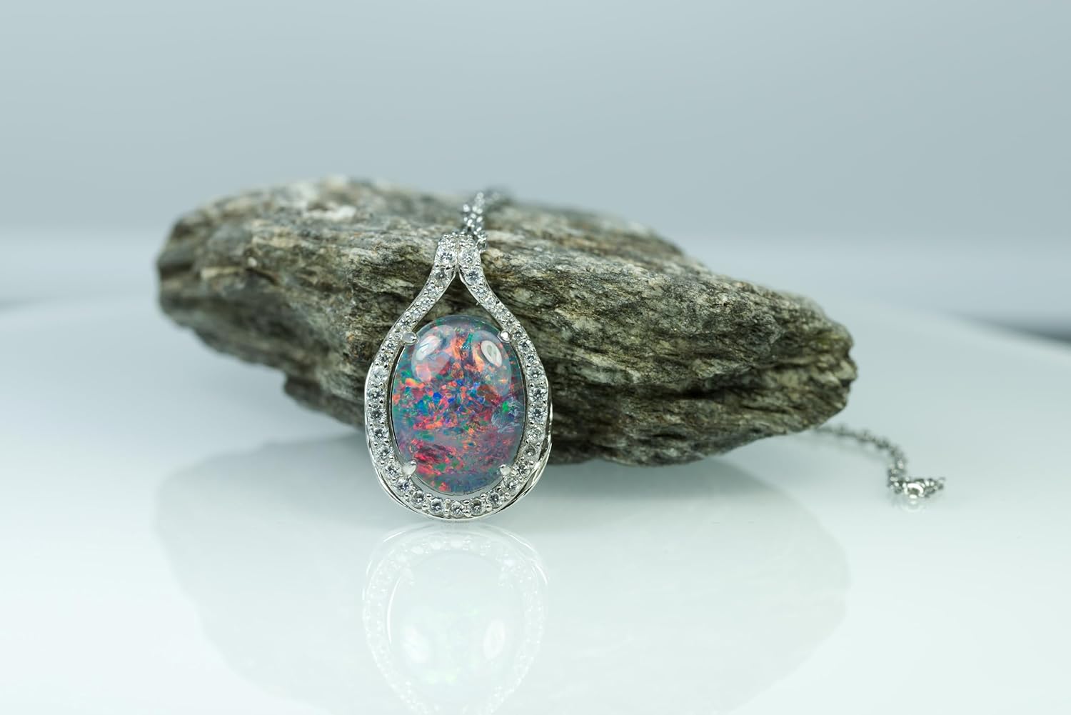 Australian Fire Opal Necklace - Large Genuine Australian Triplets Opal Necklace Pendant White Gold Plated on Sterling Silver Women's Jewelry