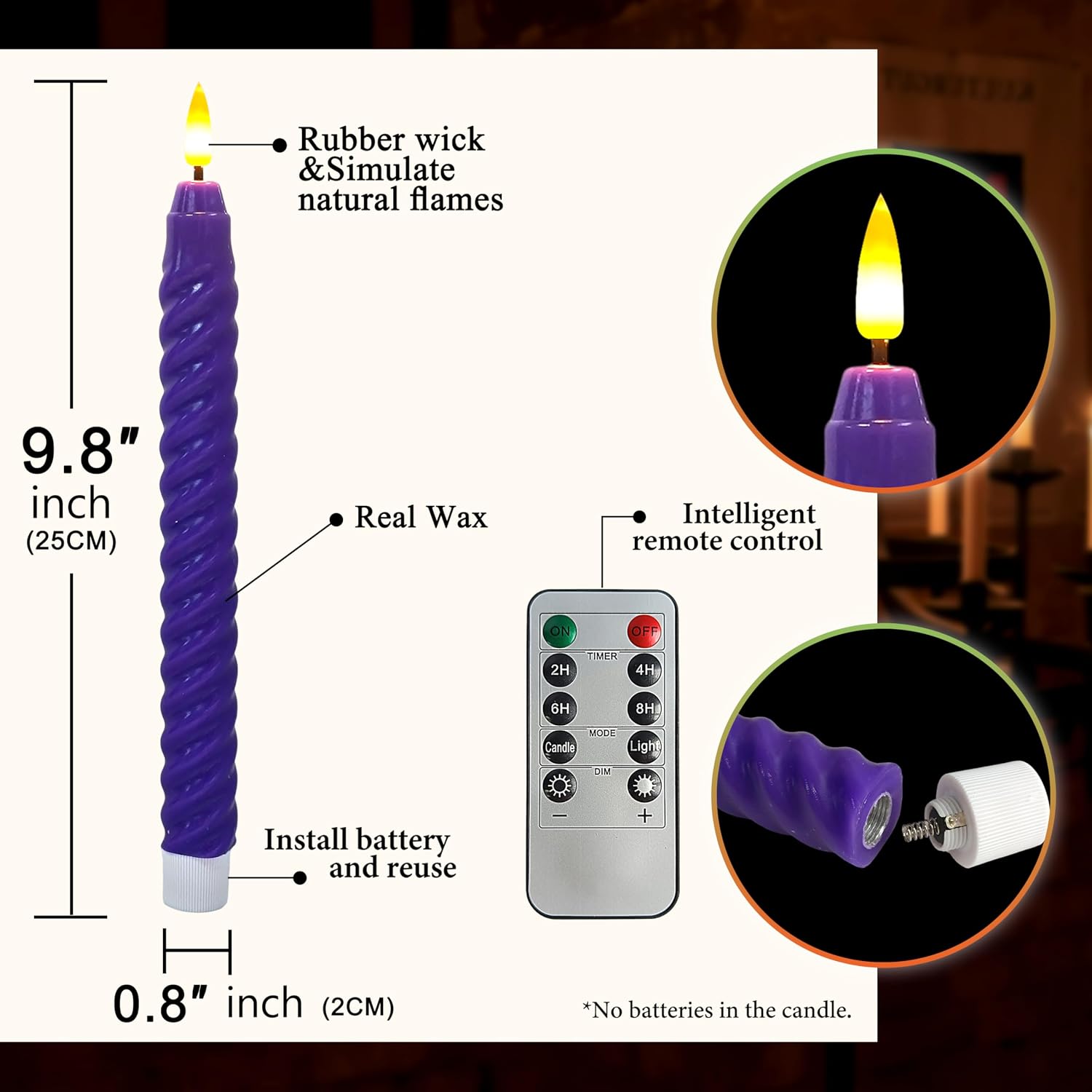 3Purple 1Pink Christmas Advent Spiral Flameless Taper Candles, 9.8 Inch Flickering Candles with Remote and Timer, Real Wax Candlesticks LED Battery Operated 3D Wick for Party Home Decor, 4PCS