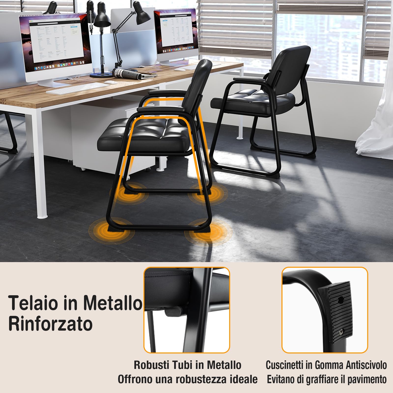 COSTWAY Set di 2 Sedie da Ufficio, Sedia per Sala d'Attesa con Struttura in Metallo, Braccioli Imbottiti, Sedia da Ospiti per Ufficio Riunioni, Portata 120 kg, Nero