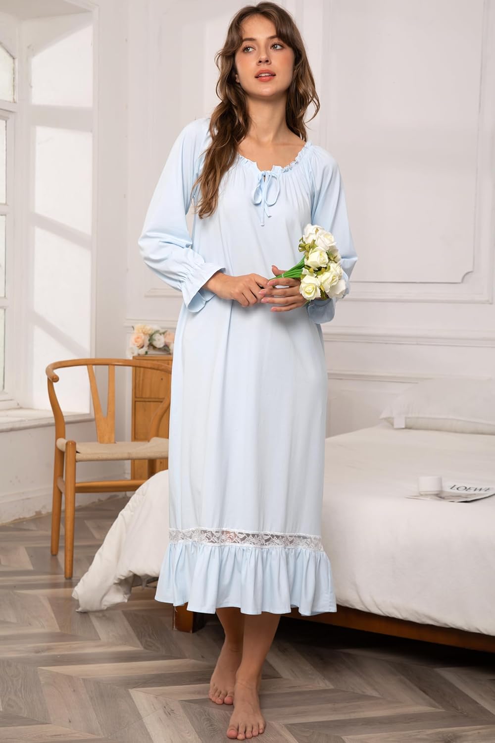 Nanxson Womens Cotton Nightgown Long Sleeve Sleepwear Vintage Victorian Lace Nightdress Loungewear - Image 3