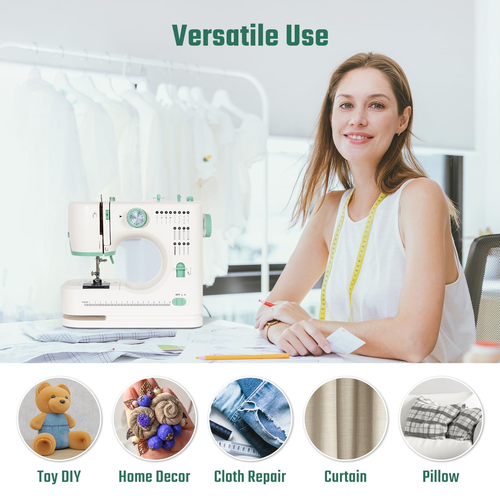 Todeco Macchina per Cucire Automatica con 16 Operazioni di Cucito, Ago doppio e filo doppio, Macchina Cucire Portatile, per Principianti e Bambini, Pedale e Kit da Cucito (Verde)