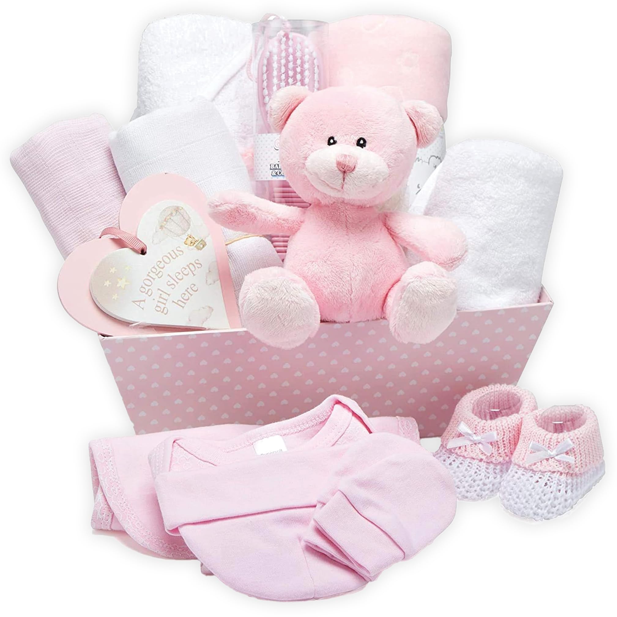 Baby Box Shop – 14 Baby Geschenk Mädchen, Babyparty Mädchen, mit neuen Baby-Essentials für Neugeborene Baby Mädchen und einem rosa Plüsch-Teddybären