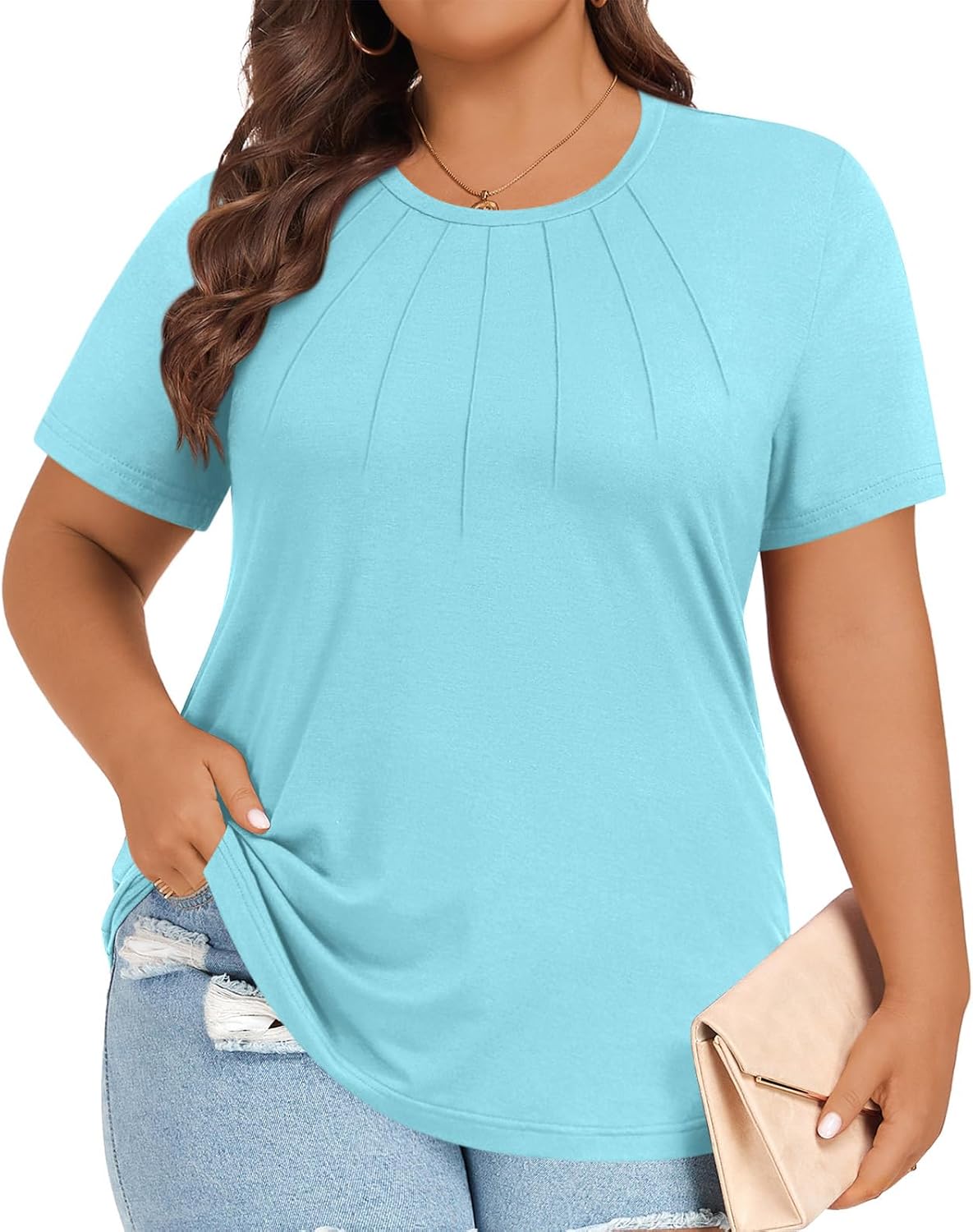 (Size L) Anymiss Plus Size Tops for Women 2025 Summer Blouse Casual Tunics Short Sleeve Cute Tshirts L-4XL Sky Blue Large