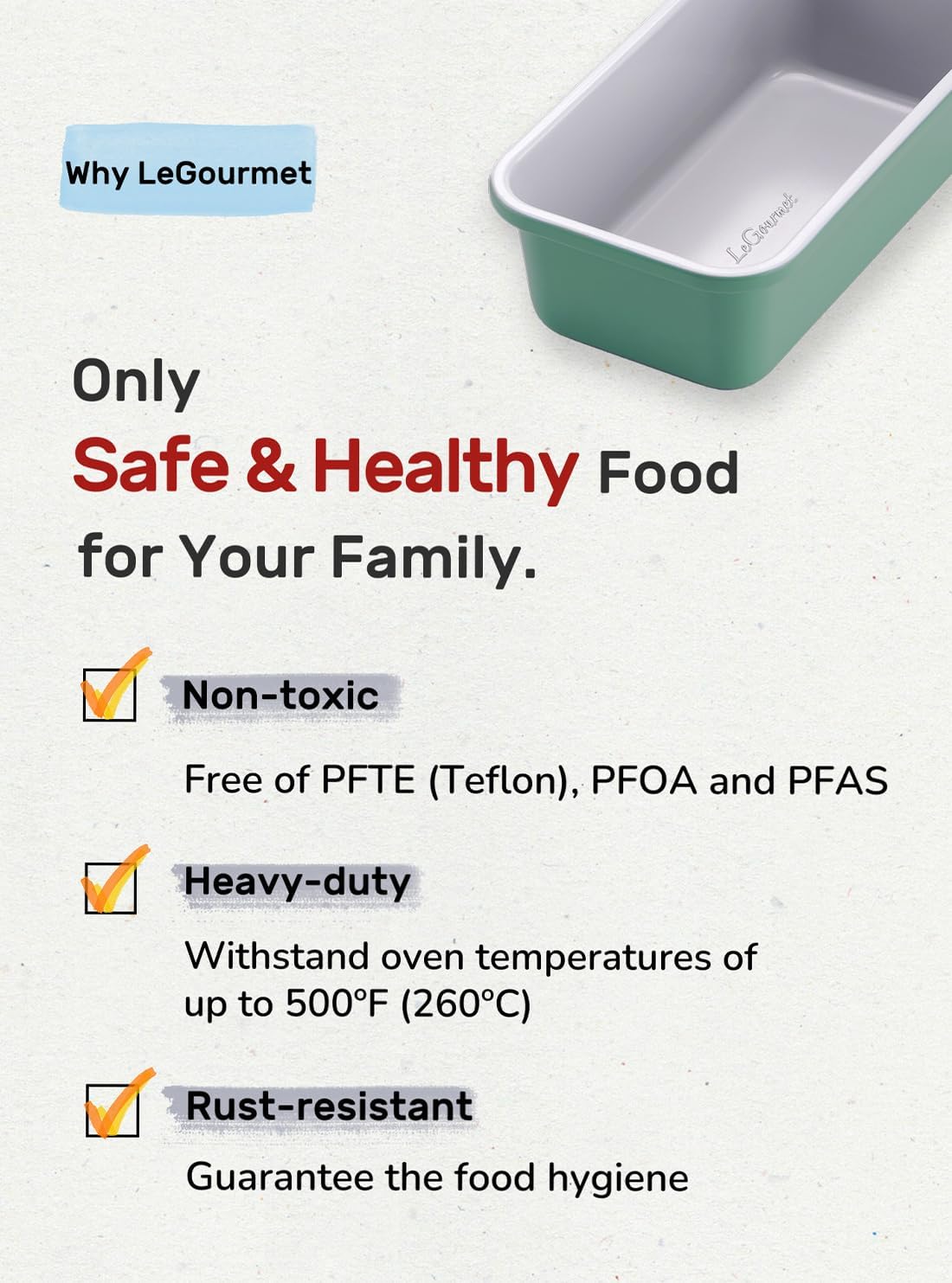 LeGourmet Nonstick Bread Loaf Pan 9 X 5 Inch, Ceramic Coating, Non-Toxic, Rust Resistant Aluminized Steel, Perfect 1 lb Baking Dish for Meatloaf, Pound Cake & Brownie (Rosemary 2pcs) - Image 4