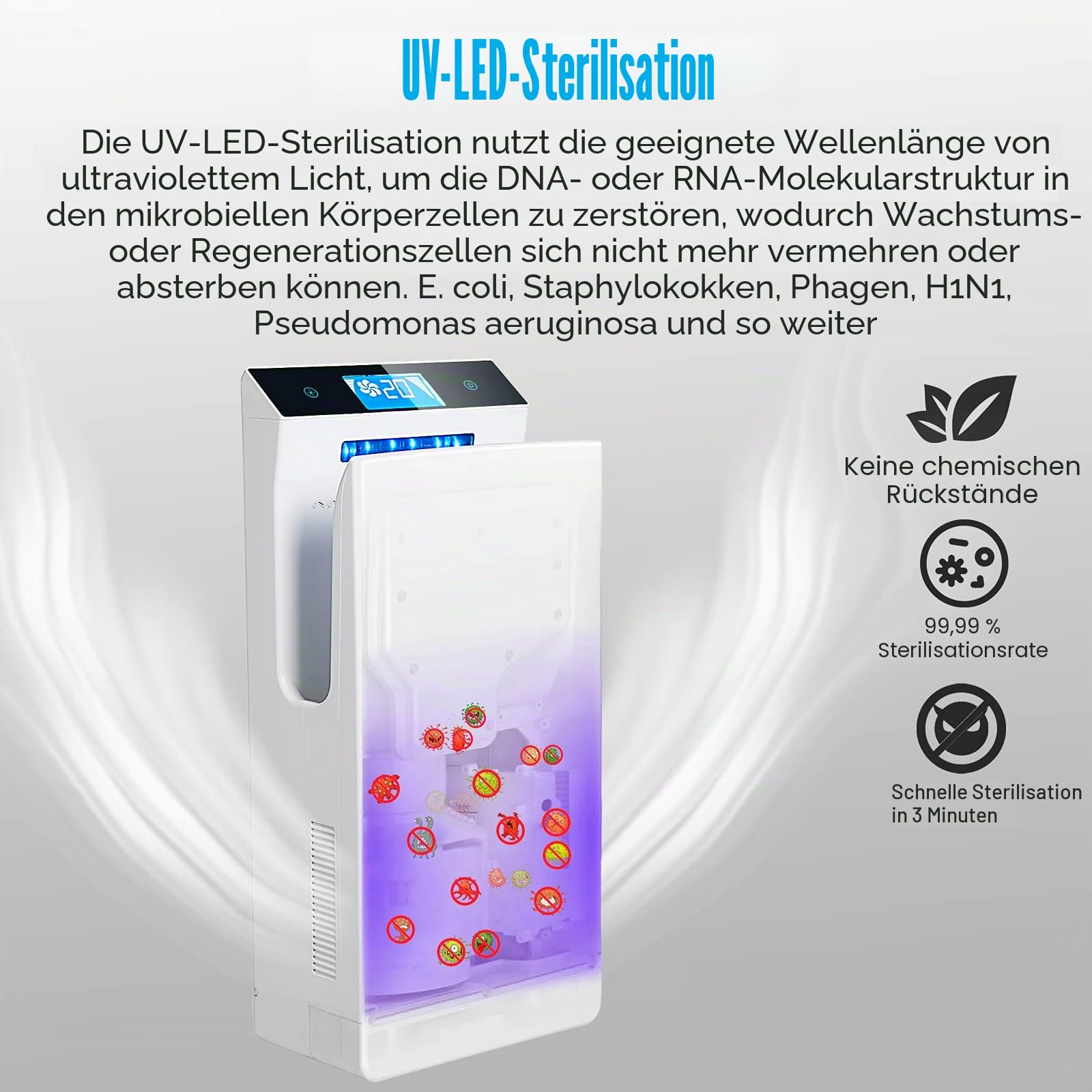 QL Händetrockner Elektrisch 1350W mit UVC-Sterilisation HEPA-Filter LCD-Anzeige Anionen-Funktion Weiß