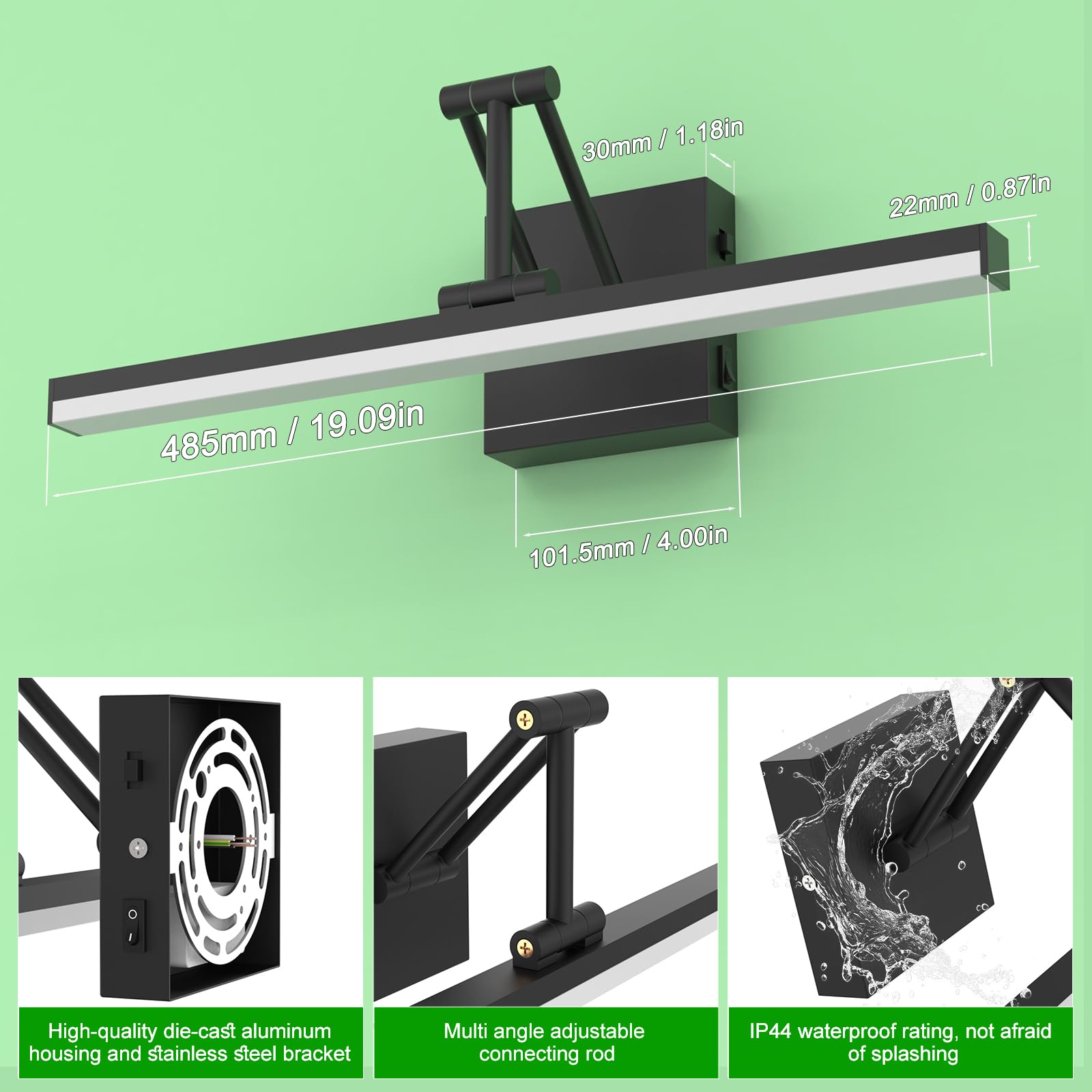 Sytmhoe Nero 12W Luce Da Specchio Bagno 3000K 4500K 6000K Con Interruttore, 48,5 CM Alluminio Applique Per Specchiera Bagno Con Staffa Telescopica, Illuminazione Quadri Lampada Camera Da Letto