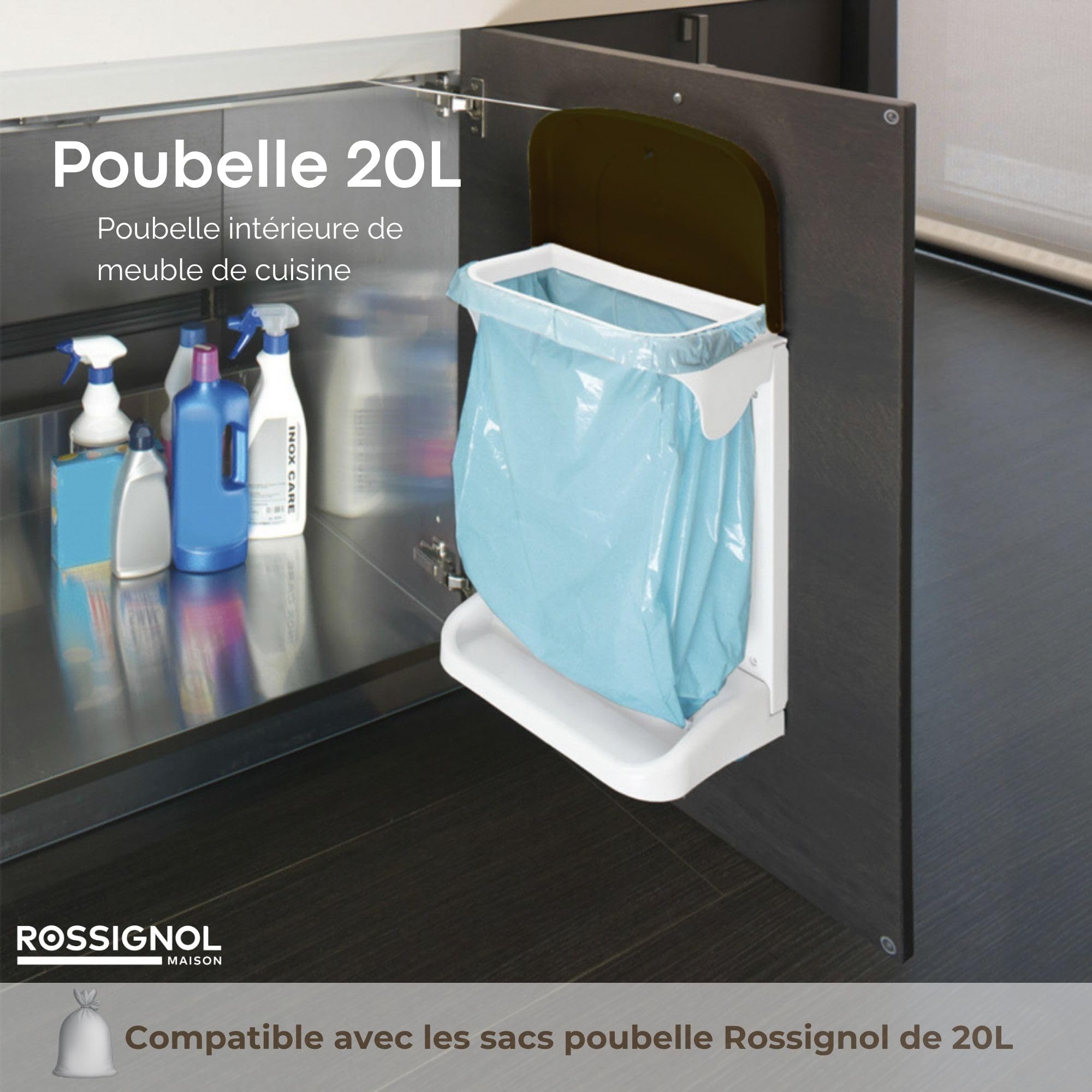 ROSSIGNOL - Papelera interior para mueble de cocina (20 L, con desenrollador de bolsa, apertura automática con la puerta del armario, instalación fácil INO
