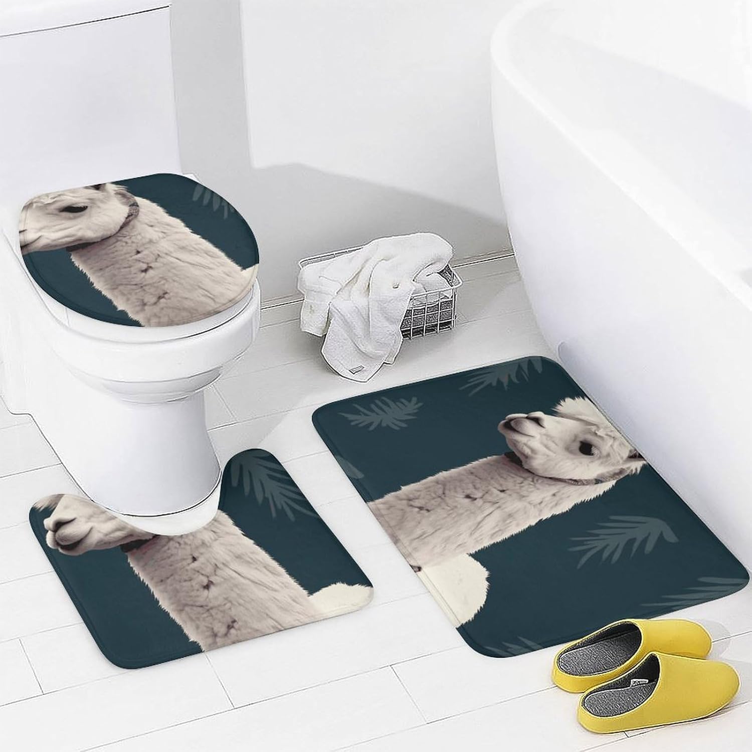 Alpaca Llama Shower Curtains Set 4 Piece with Non-Slip Rugs, Toilet Lid Cover and Bath Mat Soft Bathroom Carpet Waterproof Bathroom Curtain with 12 Hooks for Bathroom Decor