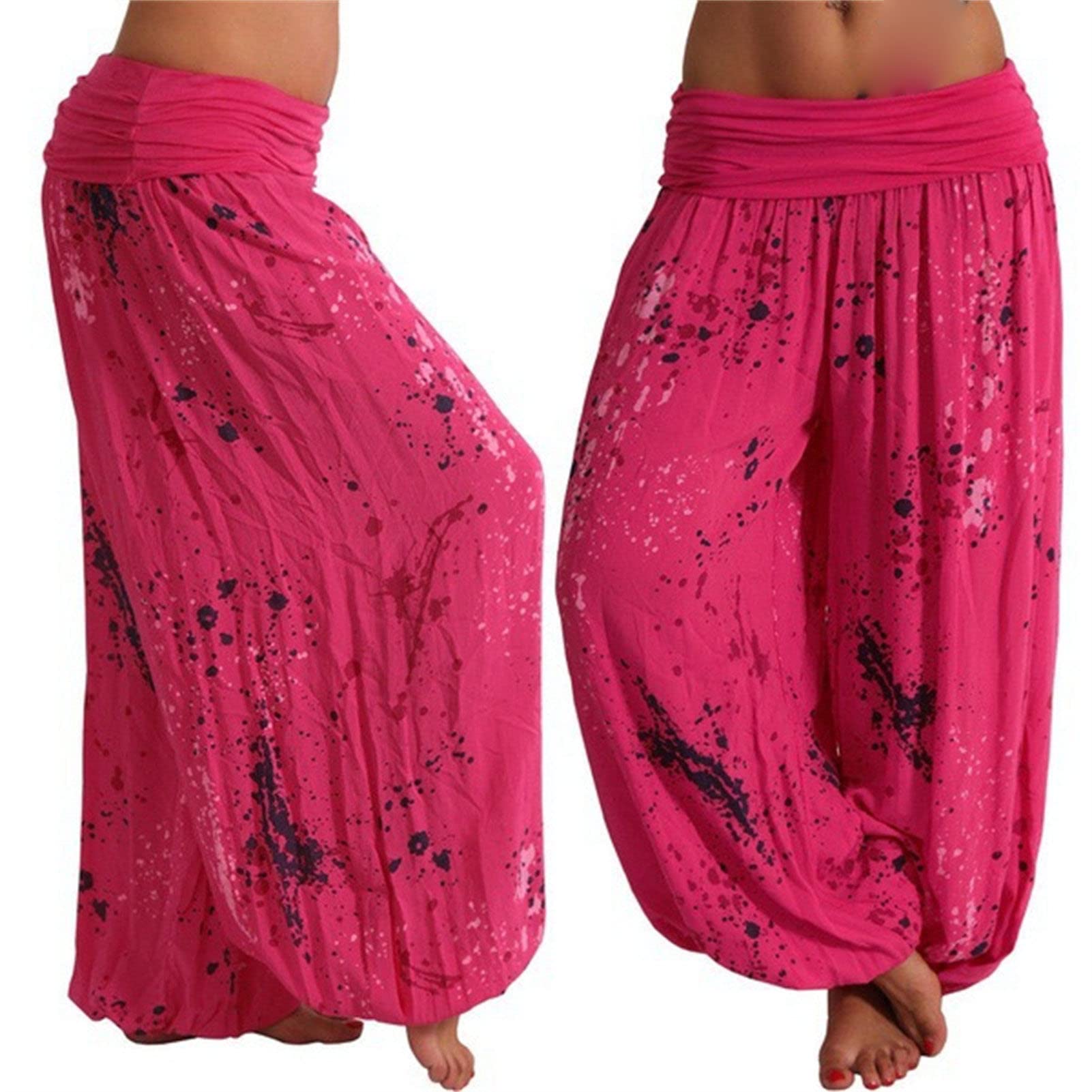 Maiyifu-GJ Women's Printed Wide Leg Palazzo Pants Loose Fit Casual Beach Harem Trousers Summer Soft Baggy Lounge Pant (Rose Red,XX-Large)