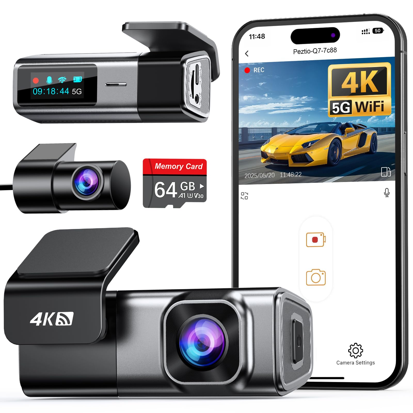 Navycrest 4K Dash Cam Front and Rear with 64GB Card, Built-in 5G WiFi, Dash Camera for Cars 4K Front and 1080P Rear, Dashcams for Cars Loop Recording, Gravity Sensor, 24Hours Parking Mode