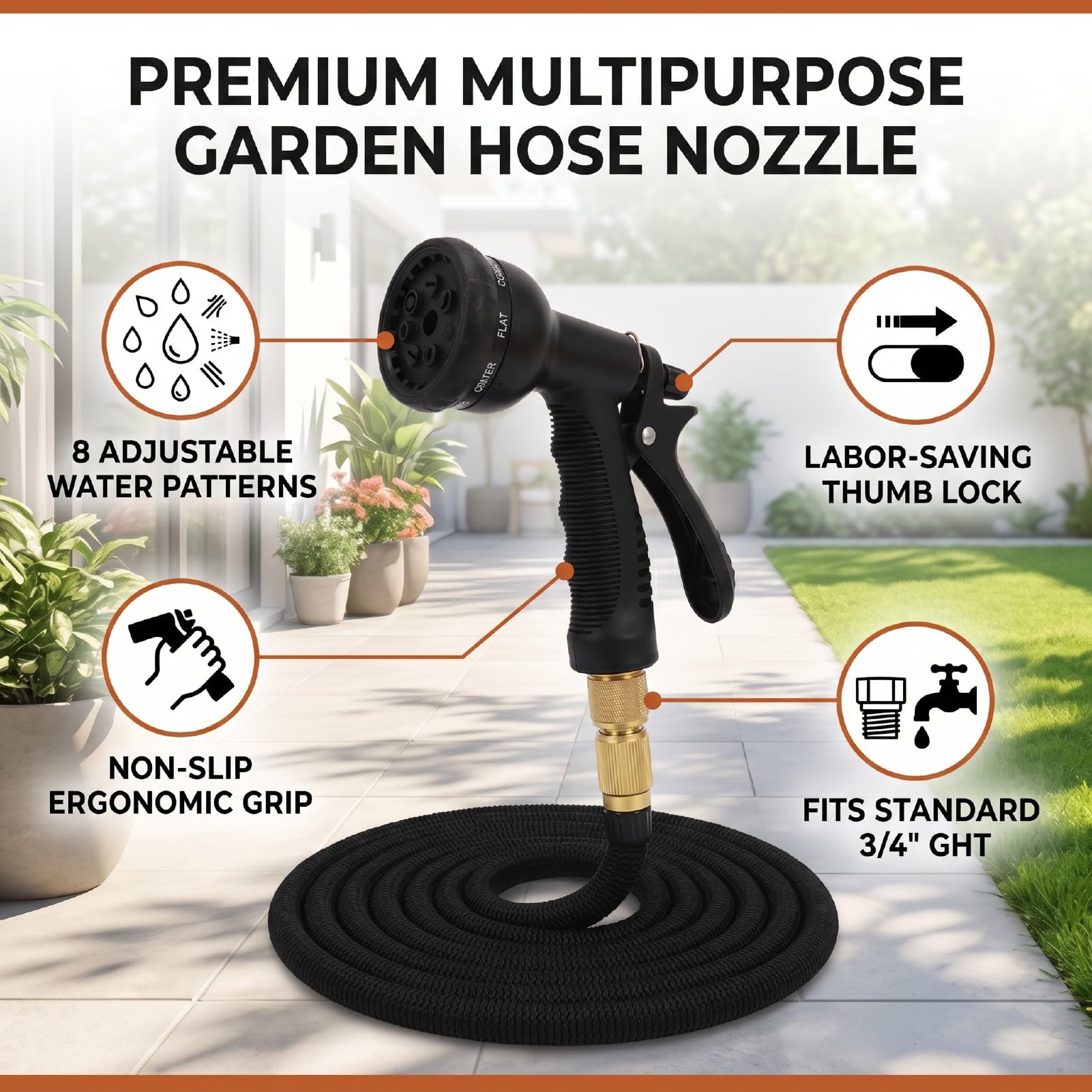 AMONIDA Ugello per Tubo da Giardino Ugello Spruzzatore in ABS TPR | Ugello per irrigazione con maniglia di bloccaggio a 10 modelli per il lavaggio dell'auto da giardino