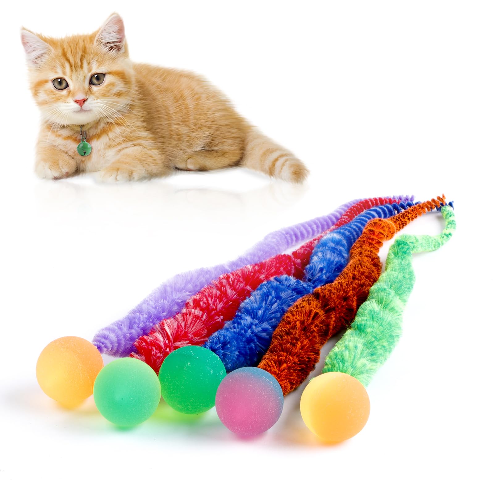 YISHANGFA Mixed Bouncy Balls for Cats 5 Pack，Fuzzy Worm Cat Worm Toys with Ball，Magic Worm Bouncy Ball with Tail Cat Toy