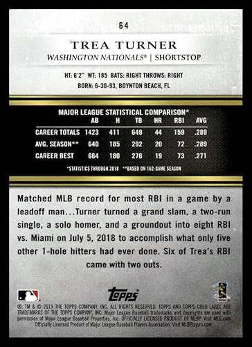 Miniatura 2 de 2019 Topps Gold Label Class Three #64 Trea Turner NM-MT Washington Nationals Baseball Trading Card