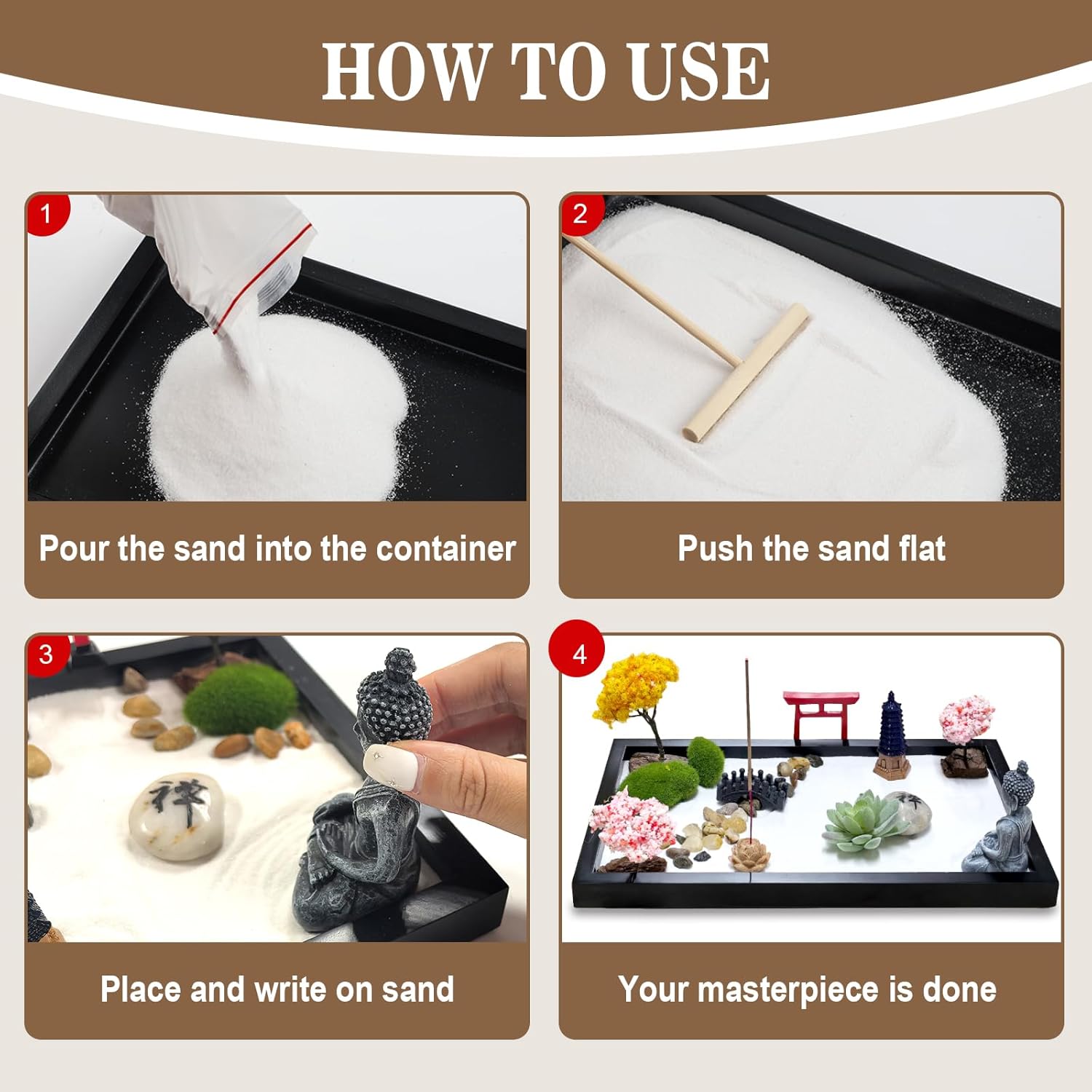 Zen Garden for Desk Decor - Premium Beautiful Japanese Mini Zen Sand Garden Kit Box for Home, Office Desk with Black Wooden Tray, White Sand, Tools, Red Gate, Buddha - Desktop Set