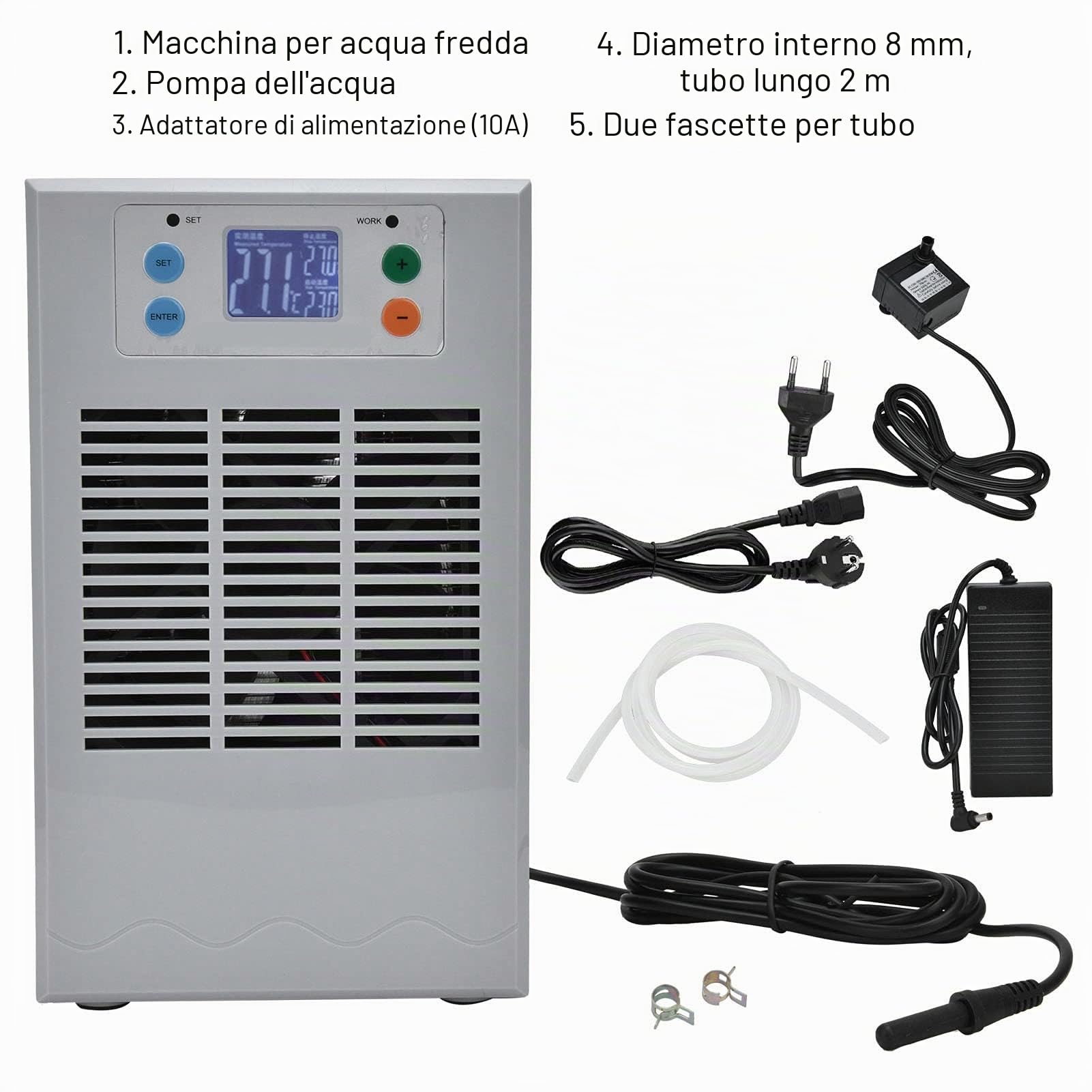 Refrigeratore D'acqua per Acquari, 20L 1-3L/min Refrigeratore D'acqua Elettronico Silenzioso Celsius Fahrenheit Refrigeratore per Acquario Digitale con Pompa e Tubo per Acquacoltura Domestica(EU Plug)