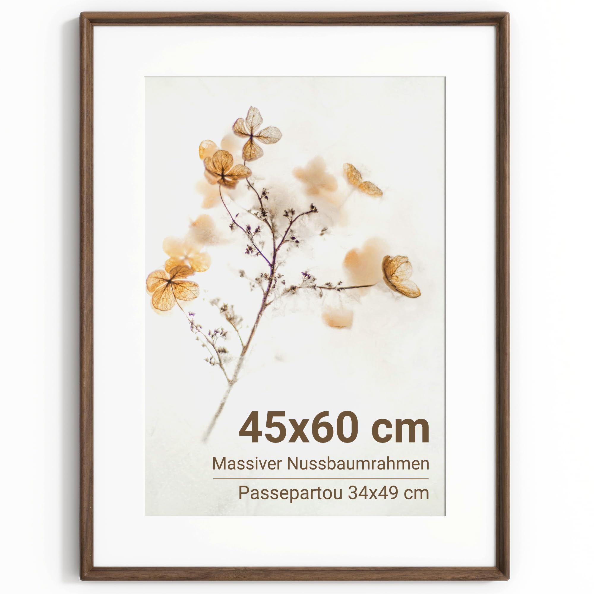 Bilderrahmen 45x60cm aus Massivholz Nussbaum, HD Gehärtetes Glas, Fotorahmen mit Passepartout für 34x49cm, Modern, Deko für Wohnzimmer & Büro, Wandmontage