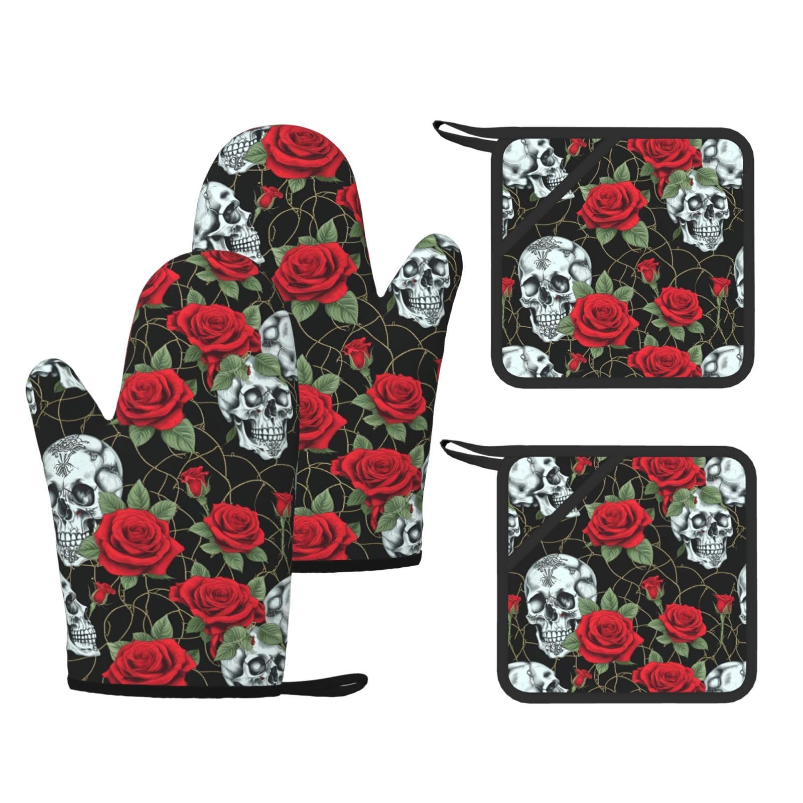 Skull And Red Rose Print Kitchen Heat Resistant Set,Cooking Kit With Hanging Loop For Baking & Bbq