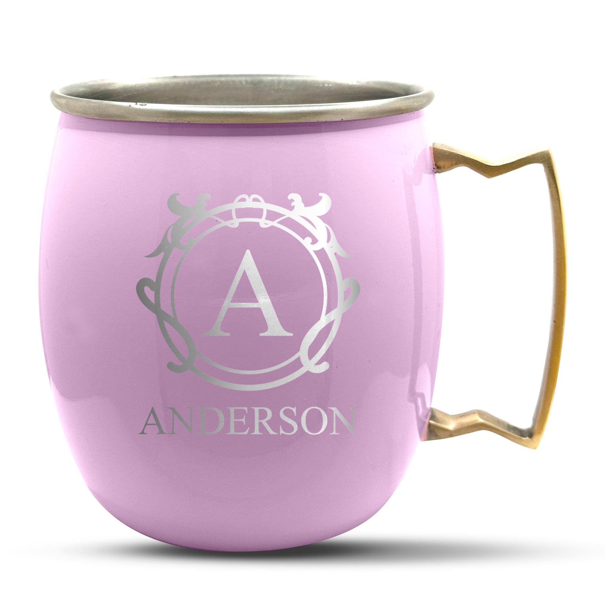 Personalized Custom Pink Mug Smooth Finish Moscow Mule with Brass Handle | Traditional Family Name Monogram Engraved Bar Style Cup, 18 oz | Single