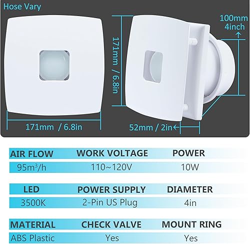 Miniatura 9 de Ventilador de escape de baño negro de 4 pulgadas para ventana, ventilador extractor enchufable de ABS IPX4 de 55 CFM con amortiguador antirretorno