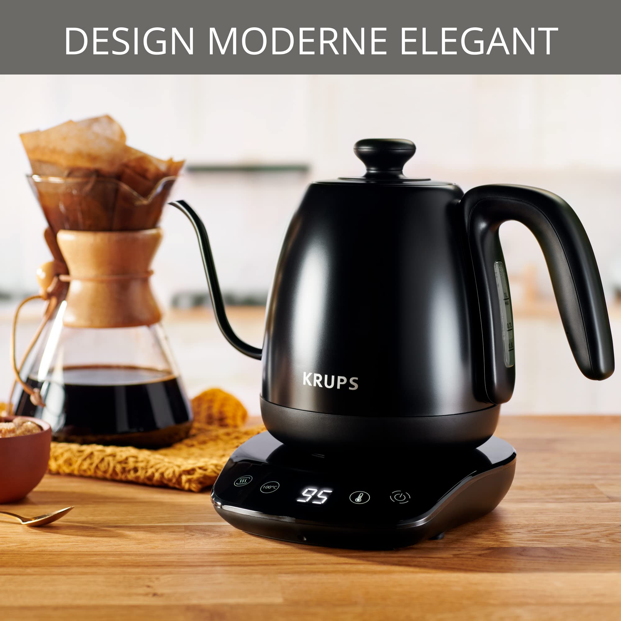 Krups Hervidor de agua de cuello de cisne, Versátil, Té, Café, Infusión, 8 temperaturas, Mantener caliente 30 min, Tapa extraíble, Café Control BW923810, Negro