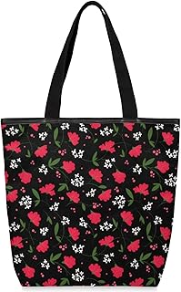 Sacolas de lona com zíper e bolso interno, bolsa de ombro feminina casual bolsa de mão flor vermelha margarida, bolsas de compras reutilizáveis para cozinha bolsas de lona para uso para livros, sacolas de compras, sacolas de presente, Multicor