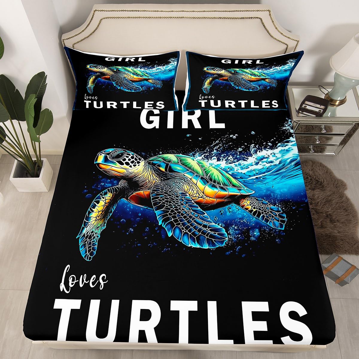 jejeloiu Ocean Themed Fitted Sheet Full Size Sea Turtle Bedding Set for Boys Girls Teens Reptile Tortoise Bed Sheets Set Black