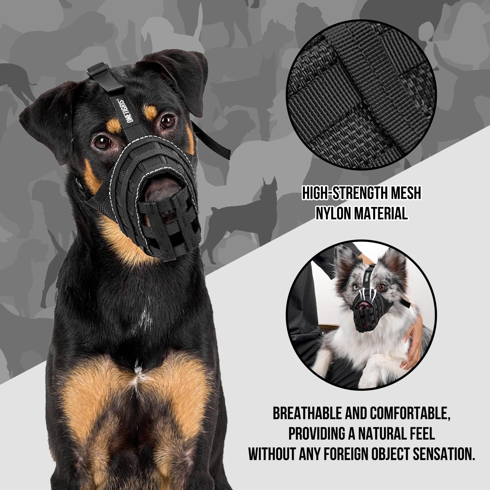 OneTigris Muselières pour Chiens, Maille Respirante Nylon, Museliere pour Chiens Ajustable avec Sangles Velcro, Respectueuse du Chien Qui Peut Haleter Et Boire, Museliere Anti Aboiement, XL