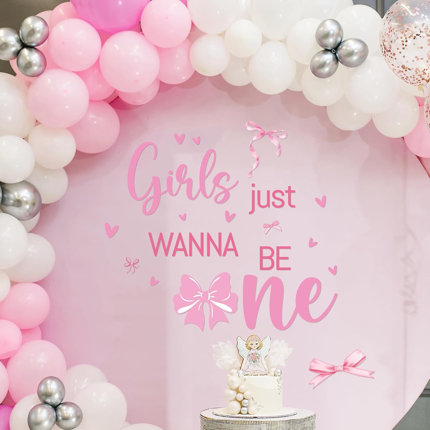 Girls Just Wanna Be One Decal - Pink Bow First Birthday Party Decorations Backdrop Sign Balloon Arch Decor Sticker, Sweet Ones Theme Bithday Parties Decoration Photo Background Props(Only Sticker)