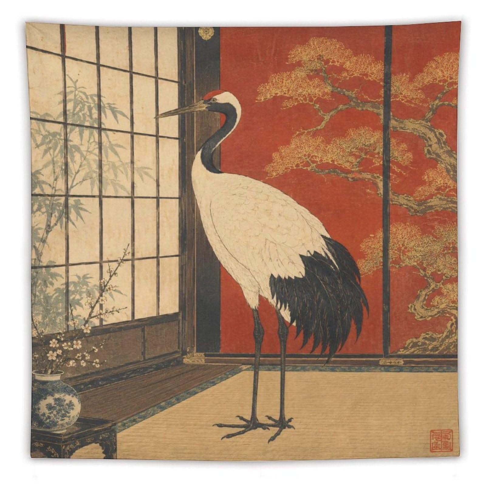 H3B8U2Y5 Crane in Red Room Wall Tapestry, Realistic Illustration Style