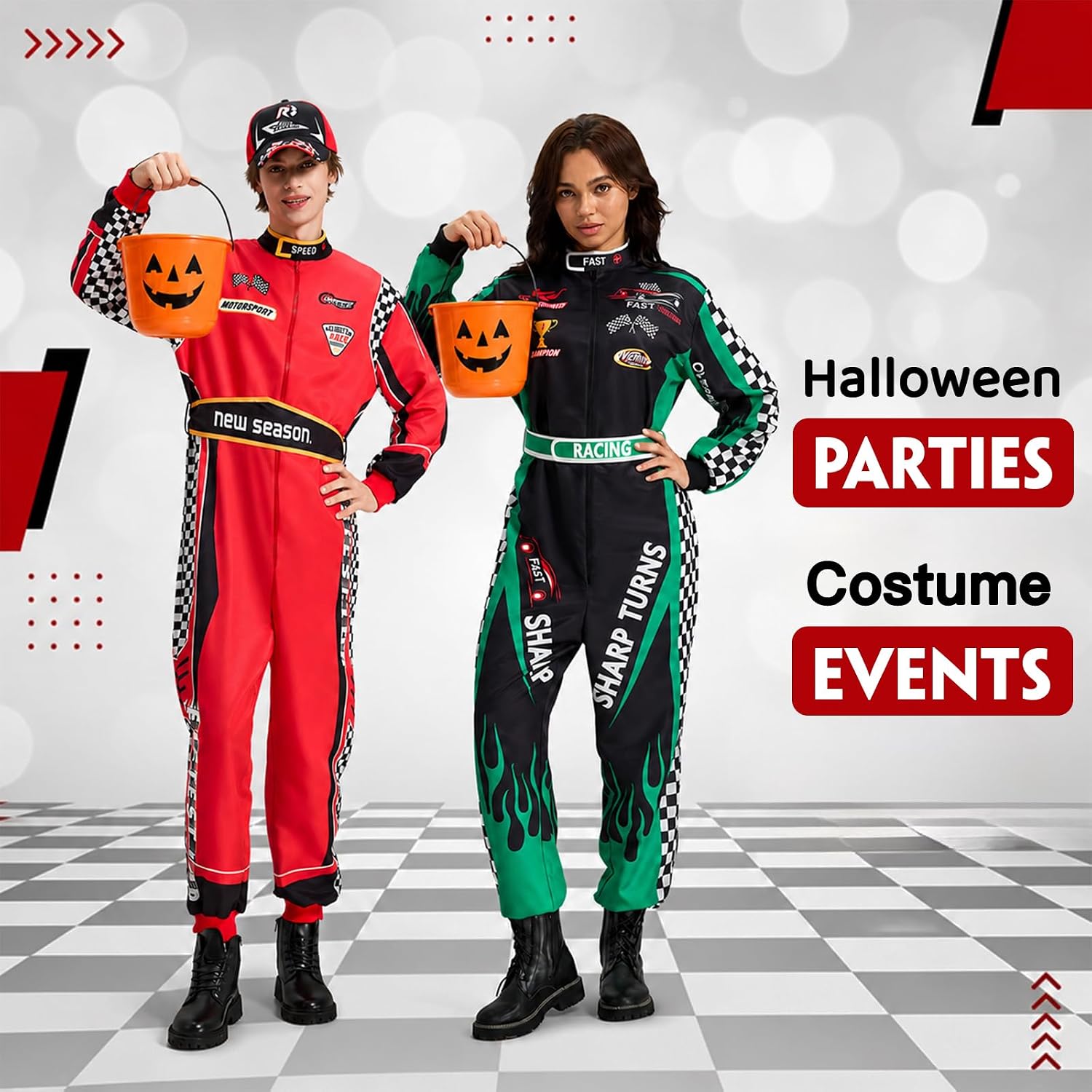 6Pcs Race Car Driver Costume for Men, Racer Jumpsuit Outfits Women, Race Outfit Adult for Halloween