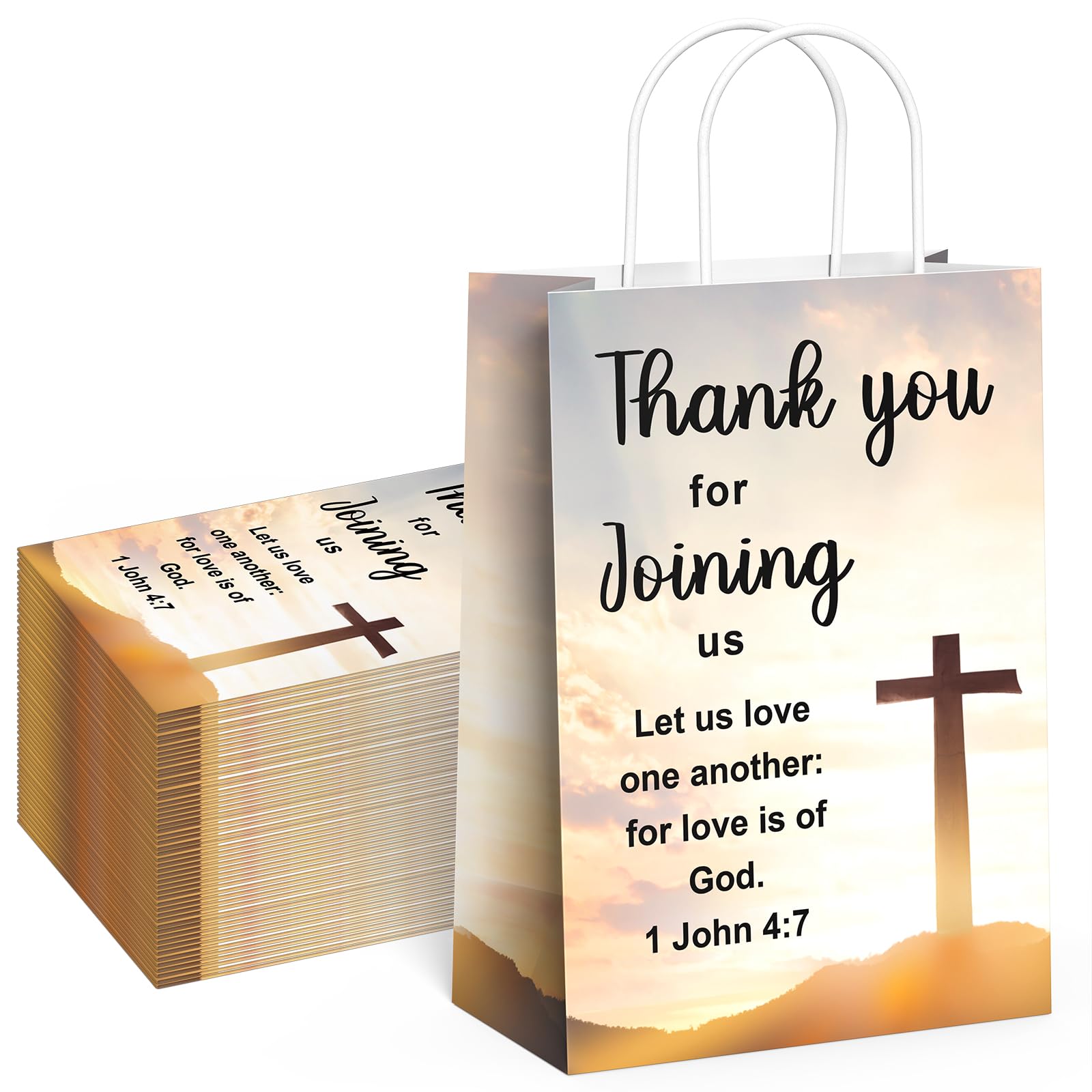QIELSER Christian Thank You Gift Bags 50 Pack, Welcome to Our Church Paper Bags with Handles, Religious Cross & Bible Verse, Church Favor Bags for Baptism, VBS, Easter
