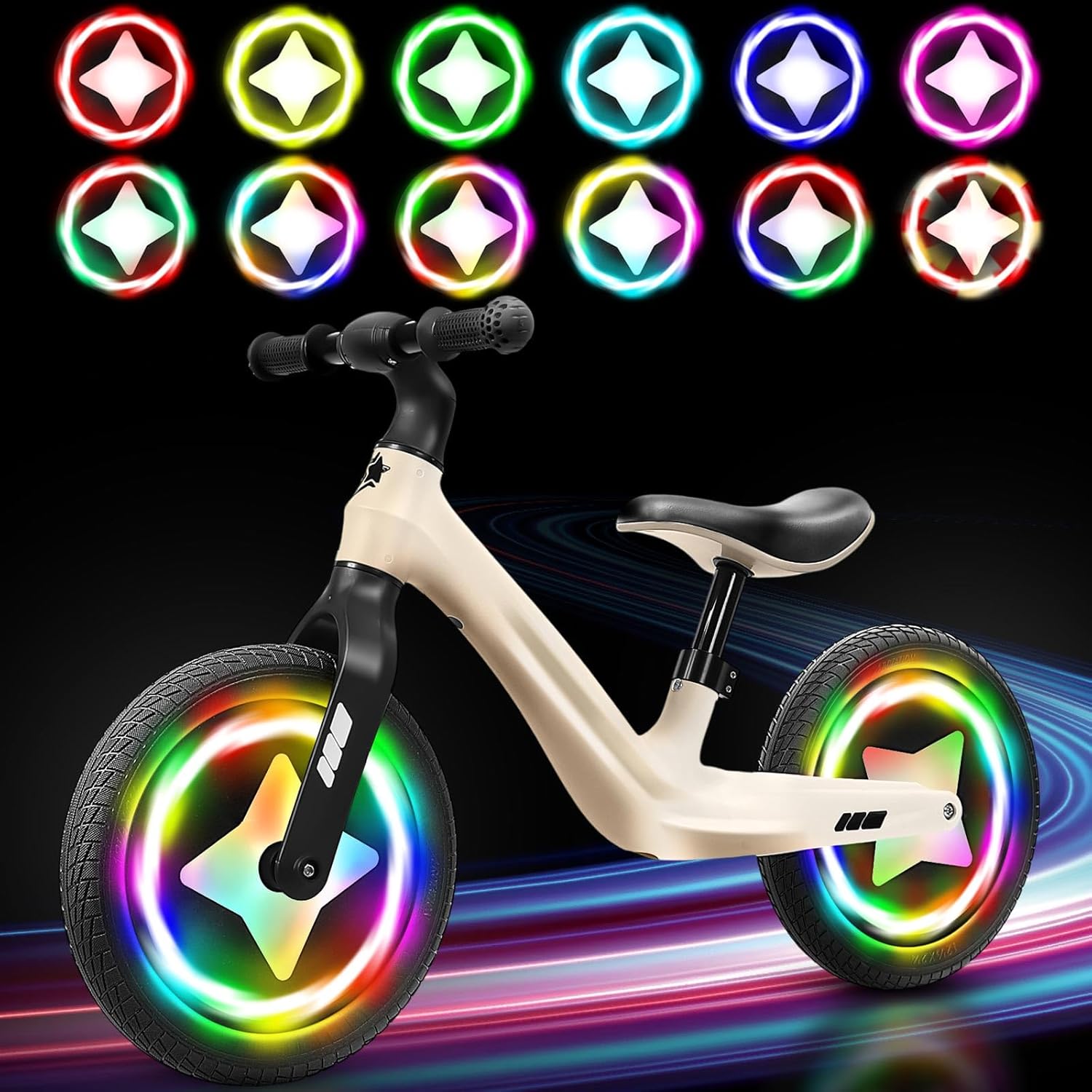 LED Toddler Balance Bike 2-5 Year Old, 17 Colors 7 Flashing Modes Lightweight Kids Push Bicycle, Adjustable Seat & No-Pump Needed Wheels, Indoor Outdoor Training Bike Boys Girls Khaki