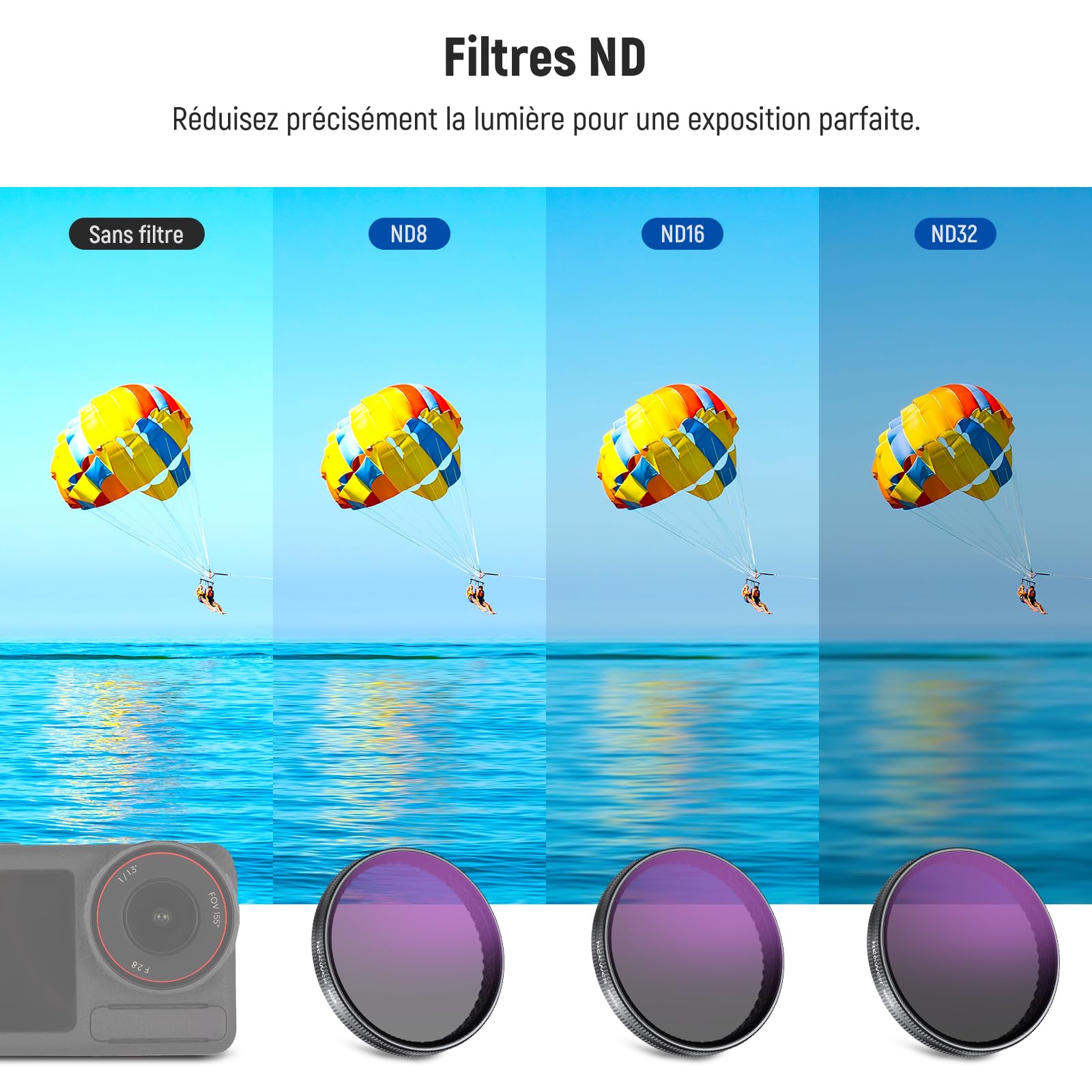 NEEWER Kit de filtres ND à clipser compatible avec DJI Osmo Action 5 Pro/4/3, 4 Pack(ND8 + ND16 + ND32 + CPL). Se fixent sur le cache d'objectif en verre d'origine.Non compatible avec Osmo Nano,FL-A76