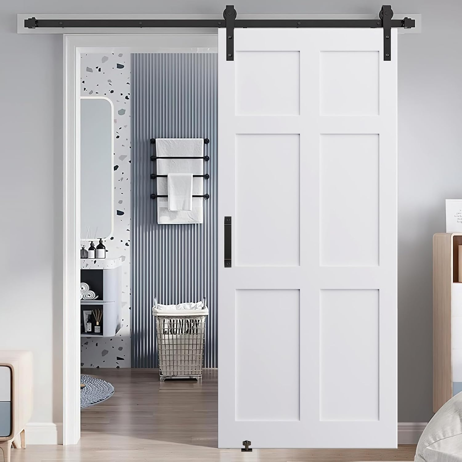 28 X 84 Inch Sliding Barn Door with 6.6Ft Hardware Kit Included, Modern White Barn Door, DIY Interior Sliding Doors with Real Primed, Pre-Drilled Ready to Assemble, Six Panel-Style