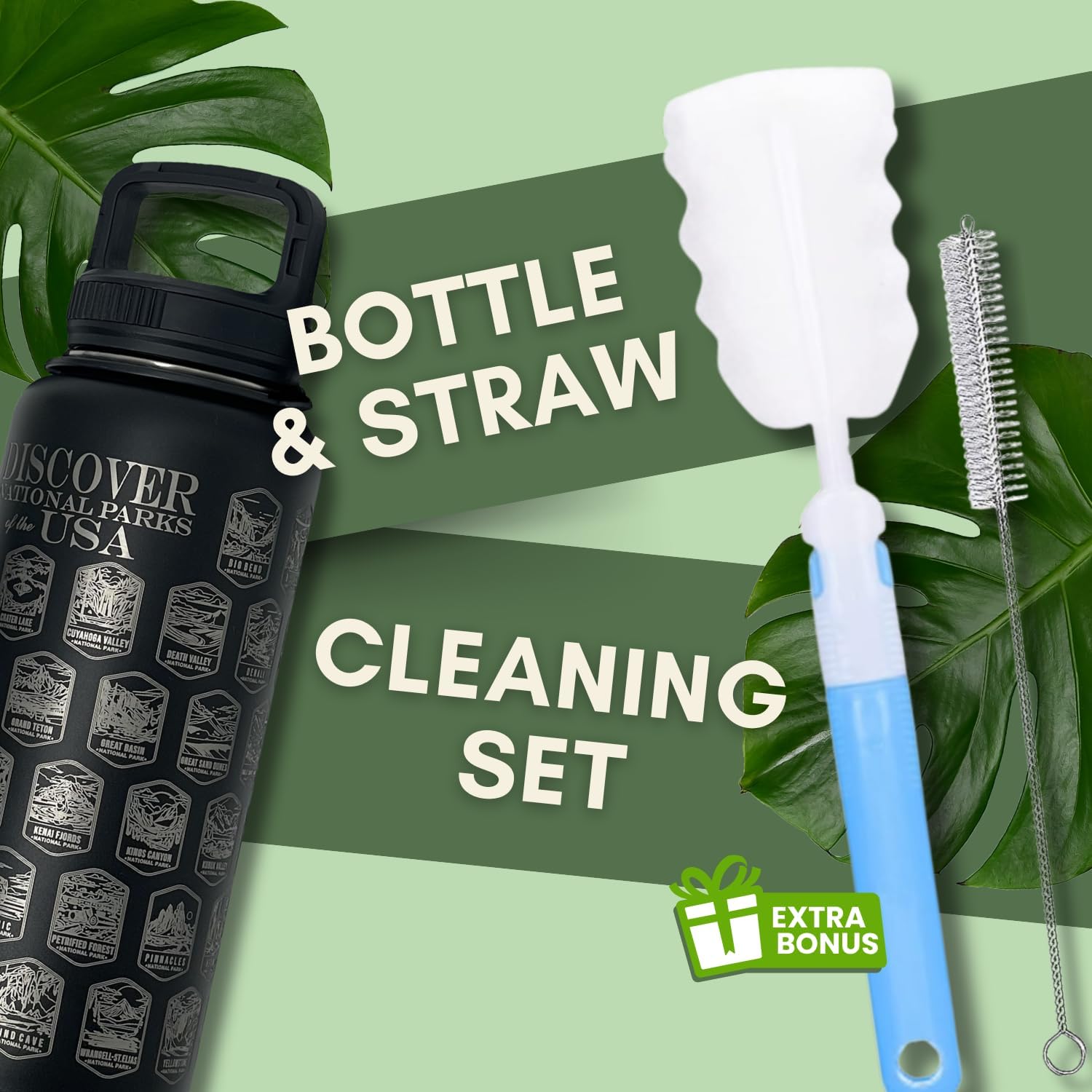 The National Parks Water Bottle with 63 Waterproof Stickers, 3 Lids (Straw, Spout, Chug) & Bottle Handle | 32 Oz Insulated Wide Mouth Stainless Steel Bottle for Camping & Hiking Leak-Proof - Image 6