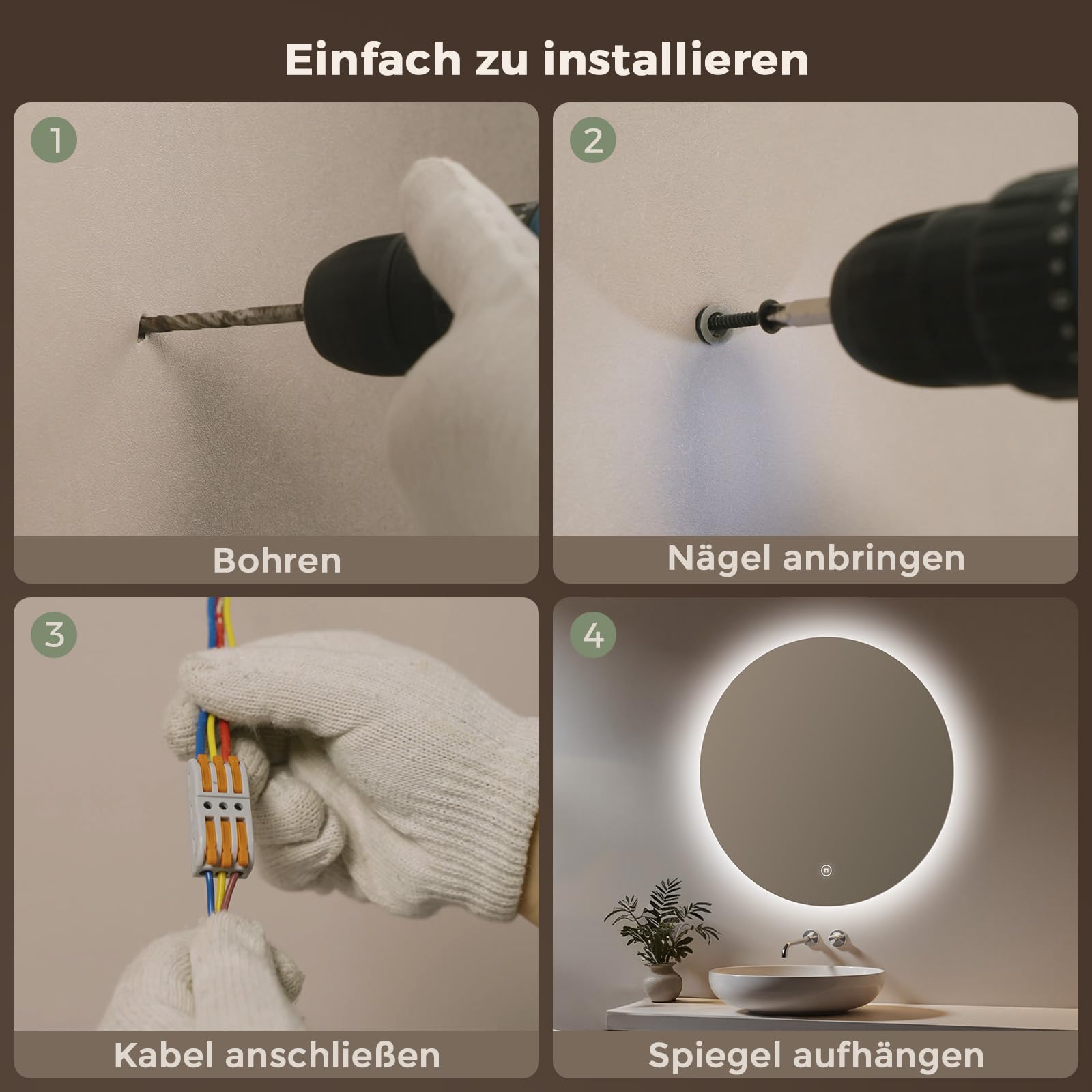 Badspiegel mit Beleuchtung Rund 60 cm, Rahmenlos, Kaltweiß 6500K