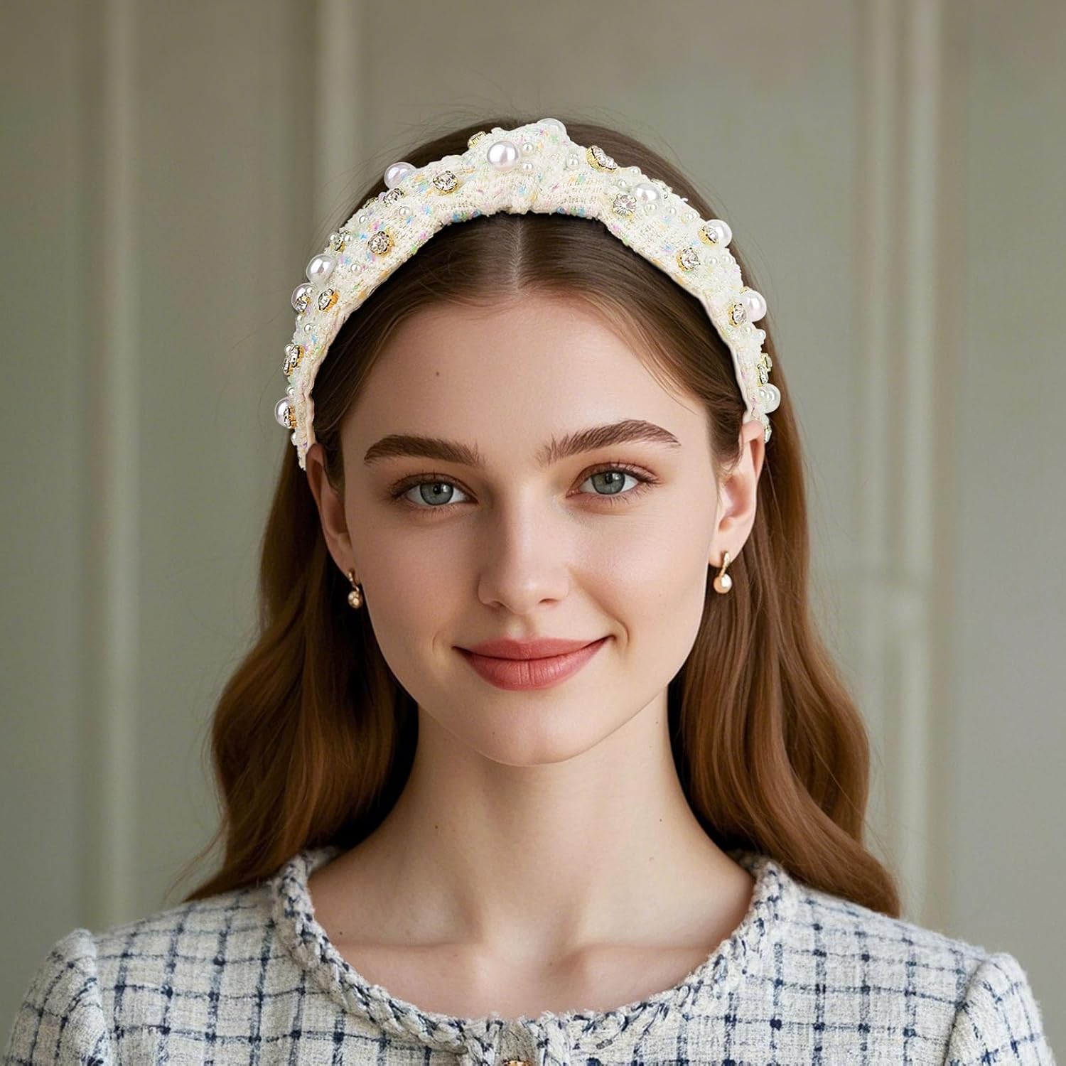 CURASA Knotted Headband For Women Girls White Pearl Rhinestone Checkered Head Band Non Slip Elegant Wide Hairband Top Knot Trendy Bride Headpiece Crystal Beaded Jeweled Embellished Hair Accessories - Image 3