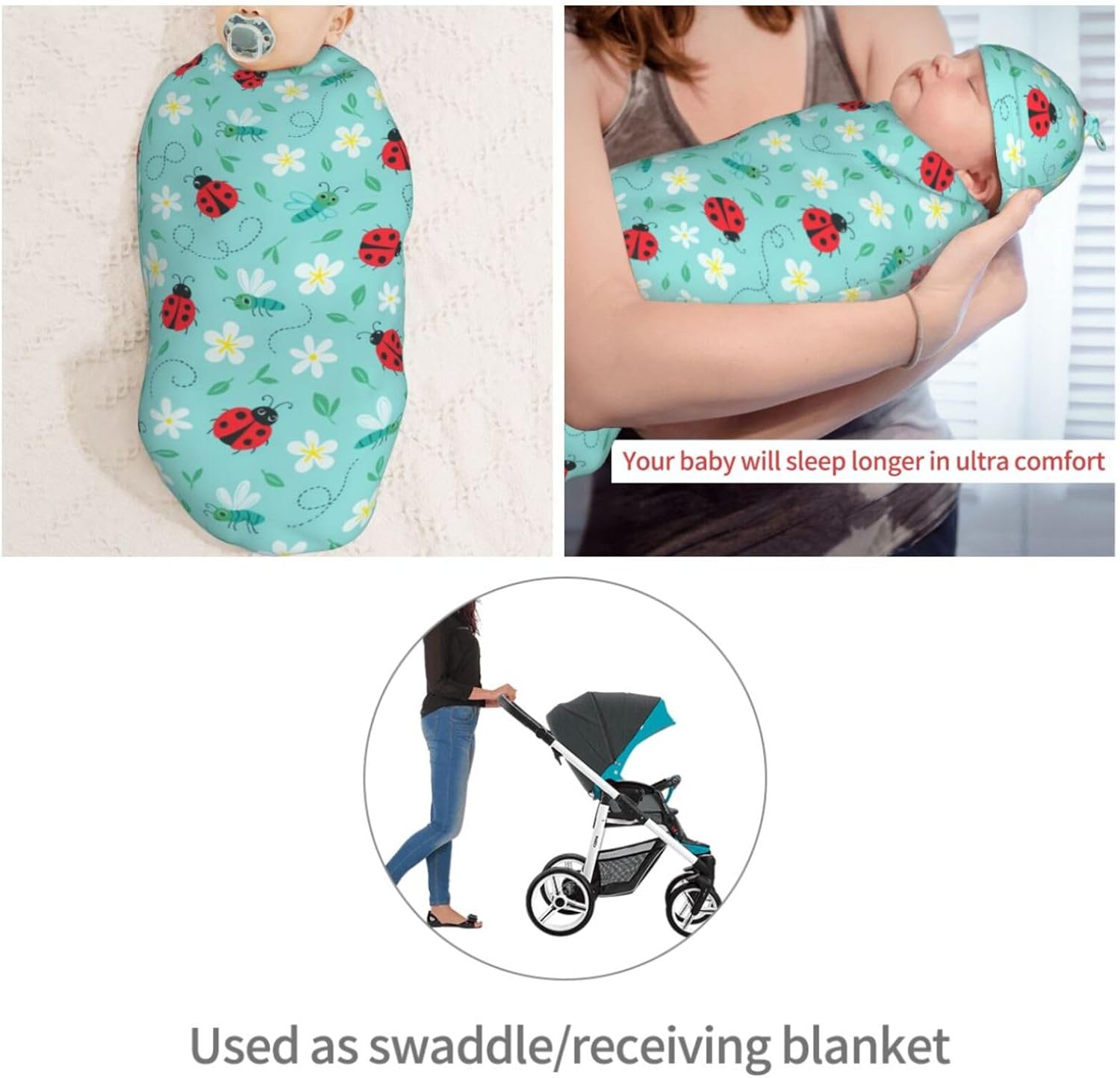 Ladybug Butterfly Flower Newborn Swaddle Blankets Hat Sets Soft Baby Receiving Blanket Swaddle Sack for Baby Shower Infant Boy Girl Gift - Image 4